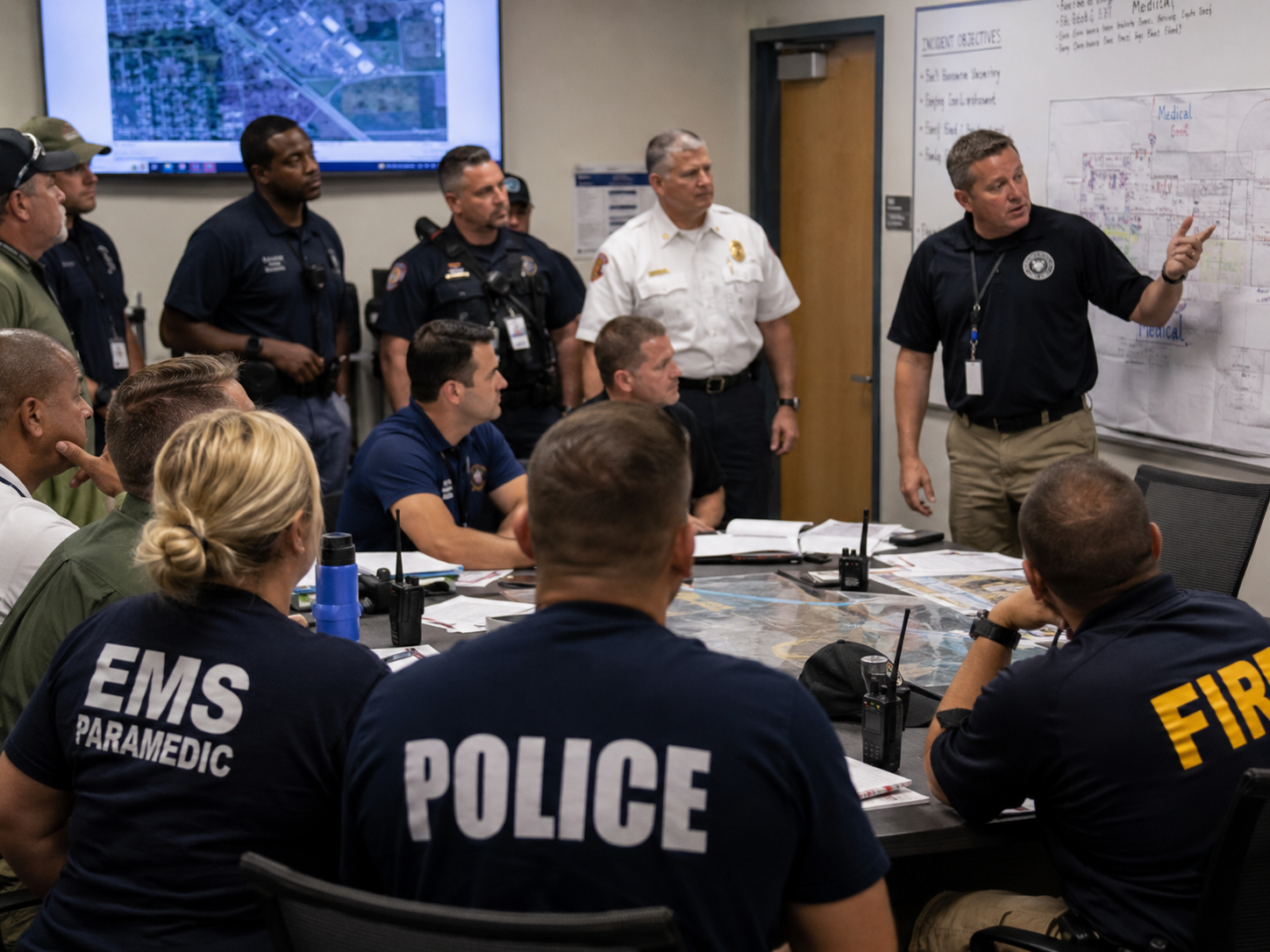 Law enforcement, EMS, fire, and emergency management personnel receiving a shared operational briefing before a high-threat response