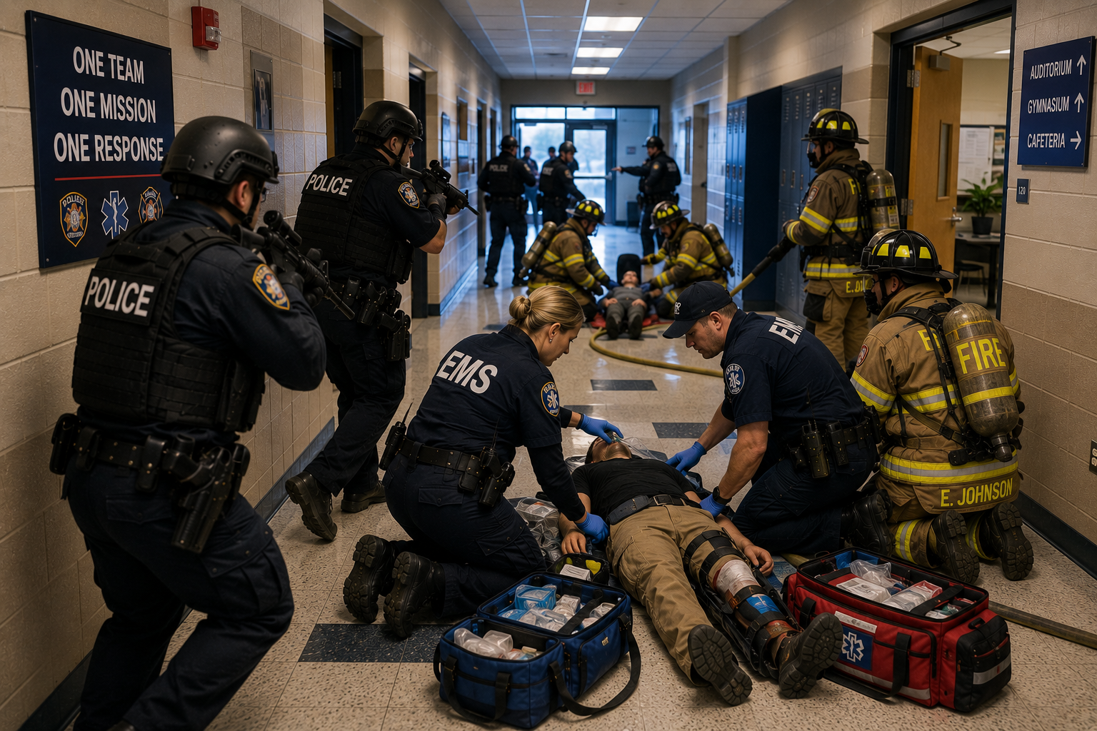 Police, EMS, and fire personnel performing coordinated parallel tasks during a high-threat incident response