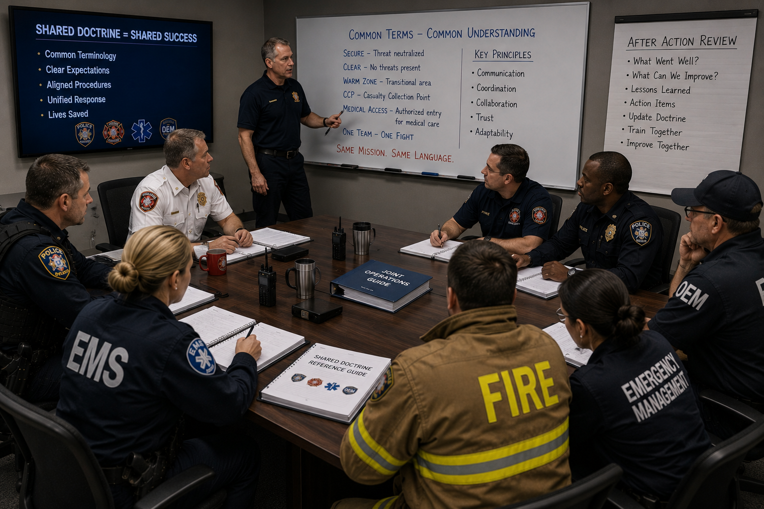 Multi-agency responders reviewing shared doctrine, terminology, and lessons learned during joint training