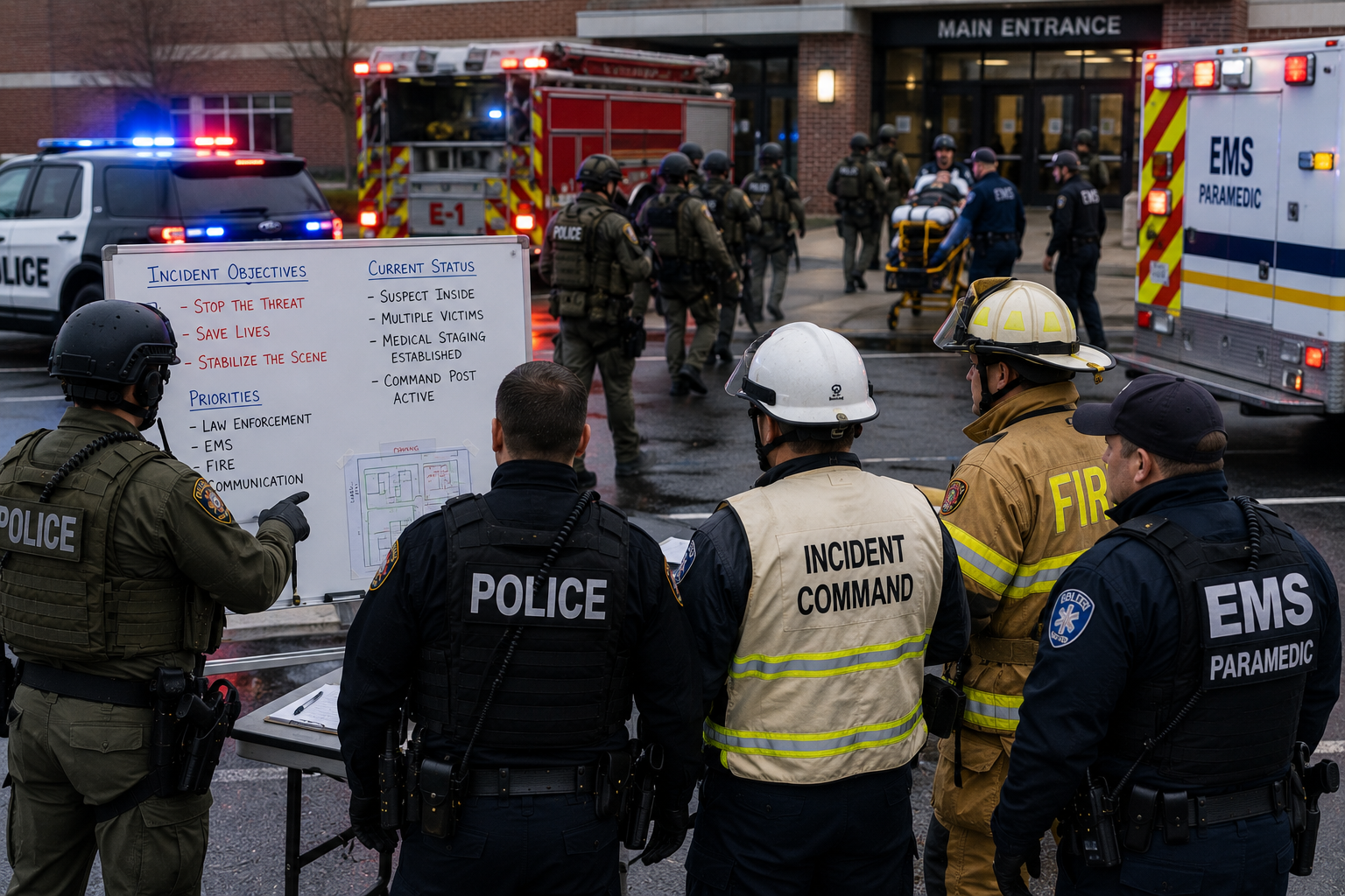 Law enforcement, EMS, fire, and command personnel coordinating an integrated active shooter response