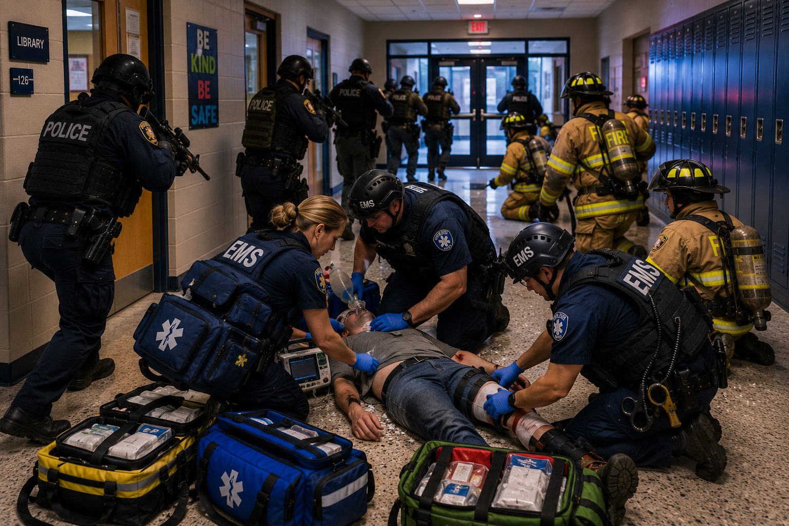 Responders providing early casualty care inside a protected area during an active shooter response