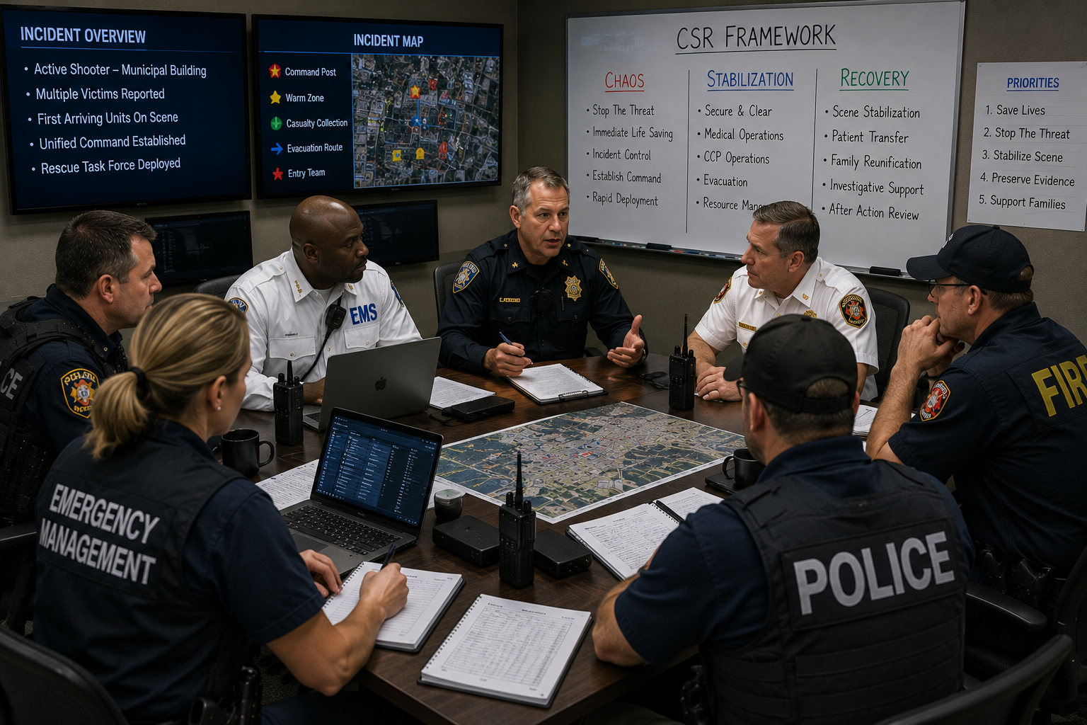 Multi-agency command leaders coordinating resources and decisions during an active shooter incident response