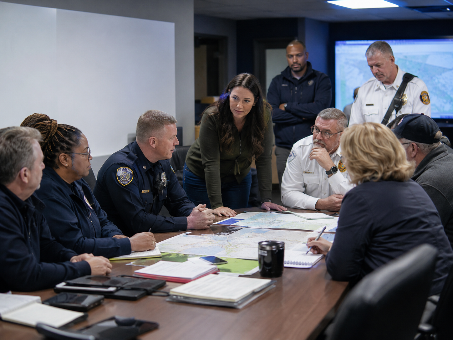 Law enforcement, EMS, fire, emergency management, and community partners planning preparedness efforts together
