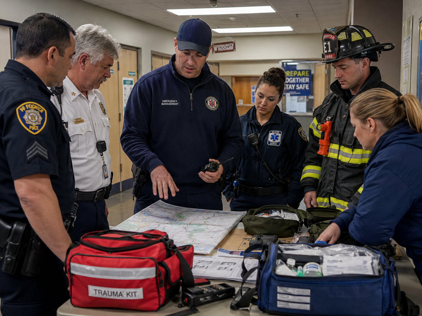 Responders training with practical equipment in a local facility to improve readiness under limited-resource conditions