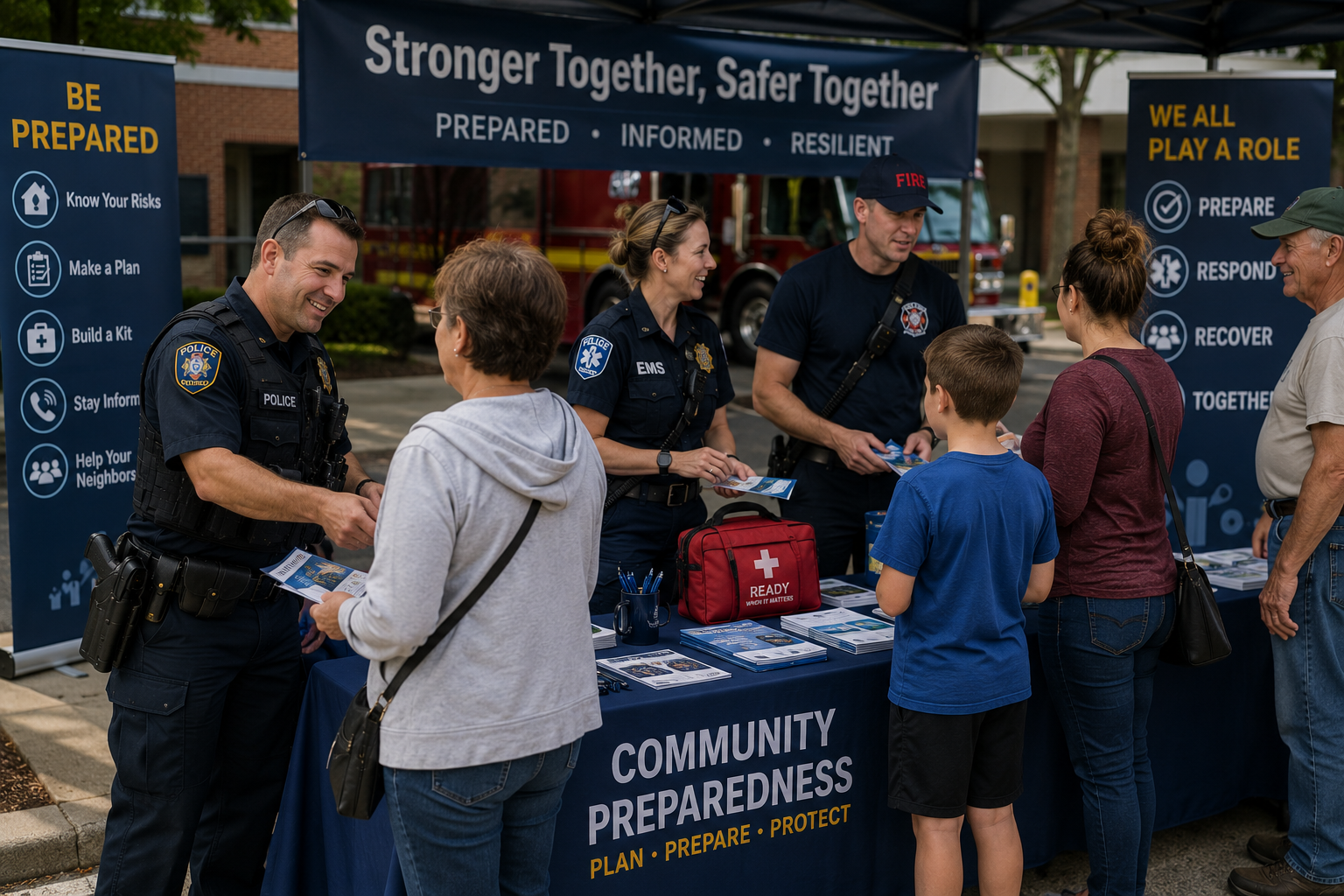 Emergency responders and community members participating in a preparedness and resilience outreach event