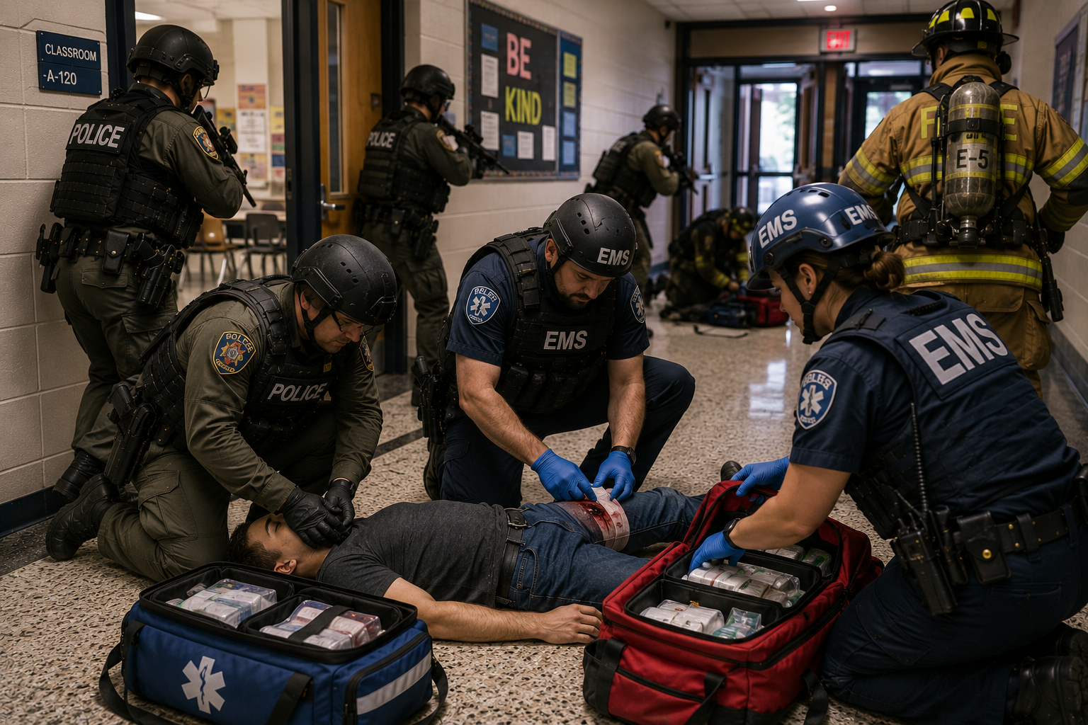 Medical responders providing early casualty care while law enforcement maintains security during a high-threat response Medical responders providing early casualty care while law enforcement maintains security during a high-threat response