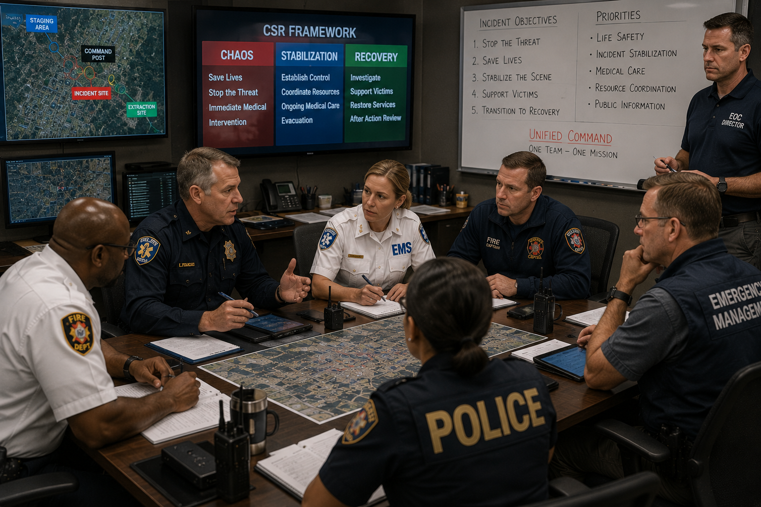 Police, EMS, fire, and emergency management leaders coordinating integrated medical and tactical operations during a command briefing Police, EMS, fire, and emergency management leaders coordinating integrated medical and tactical operations during a command briefing