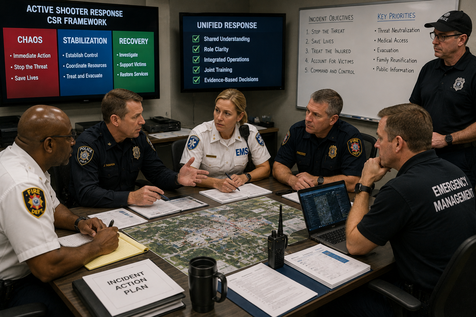 Law enforcement, EMS, fire, and emergency management leaders coordinating under a shared active shooter response structure