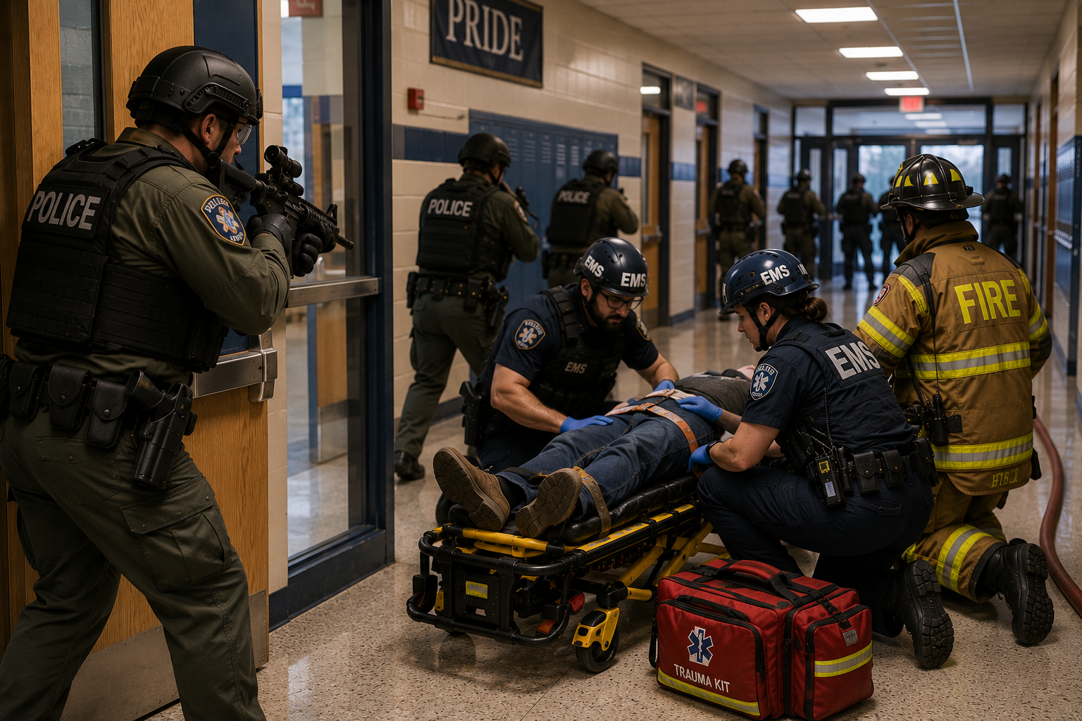 Police, EMS, and fire personnel coordinating tactical security and early medical care during an active shooter response
