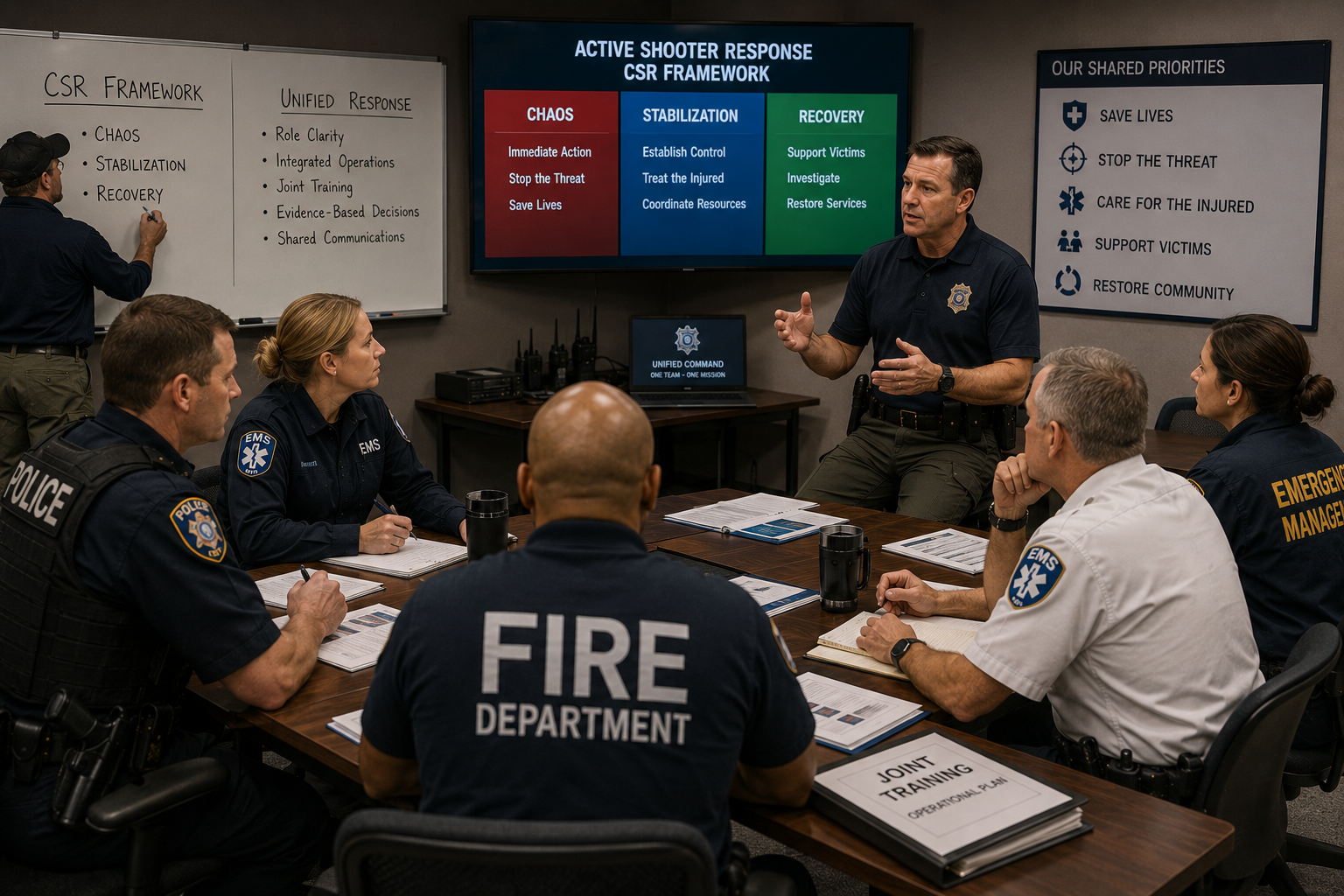 Multi-agency responders participating in joint training on unified doctrine for active shooter response