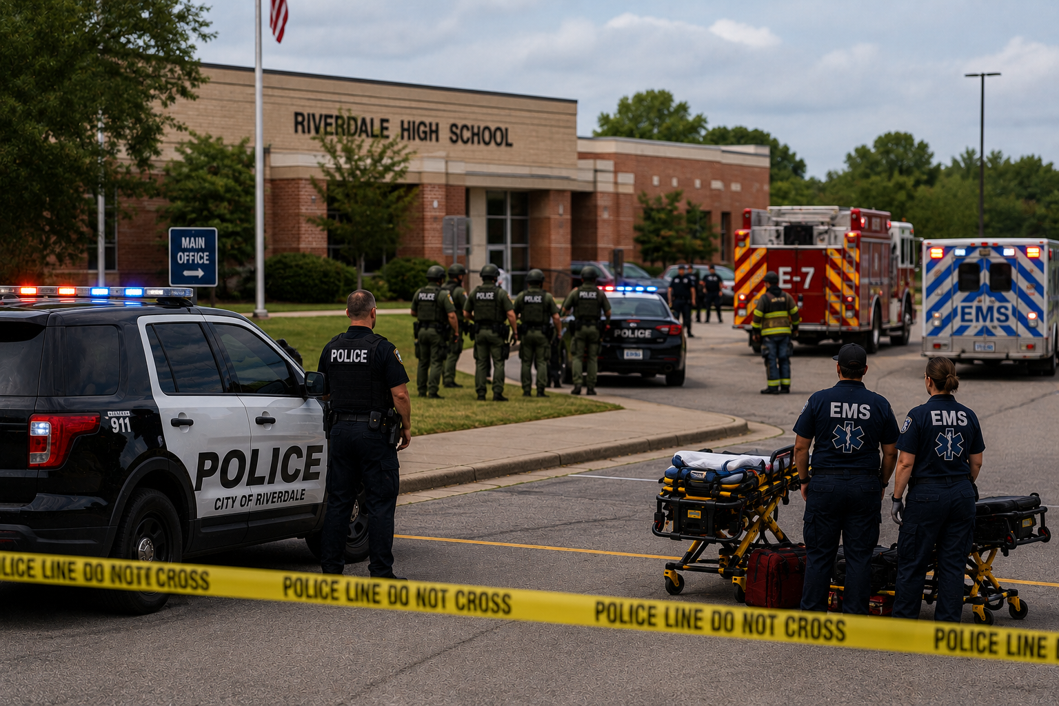 Law enforcement, EMS, and fire staged separately outside a school during a fragmented active shooter response Law enforcement, EMS, and fire staged separately outside a school during a fragmented active shooter response