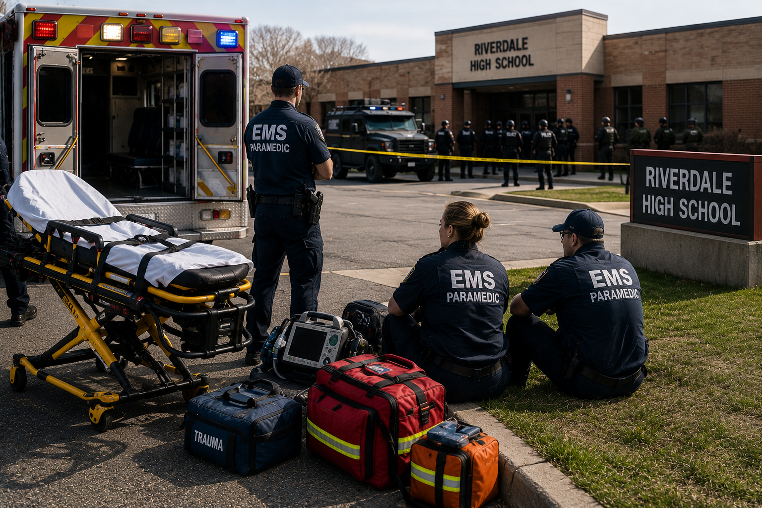 EMS personnel waiting with medical equipment outside a school while delayed casualty access slows treatment EMS personnel waiting with medical equipment outside a school while delayed casualty access slows treatment