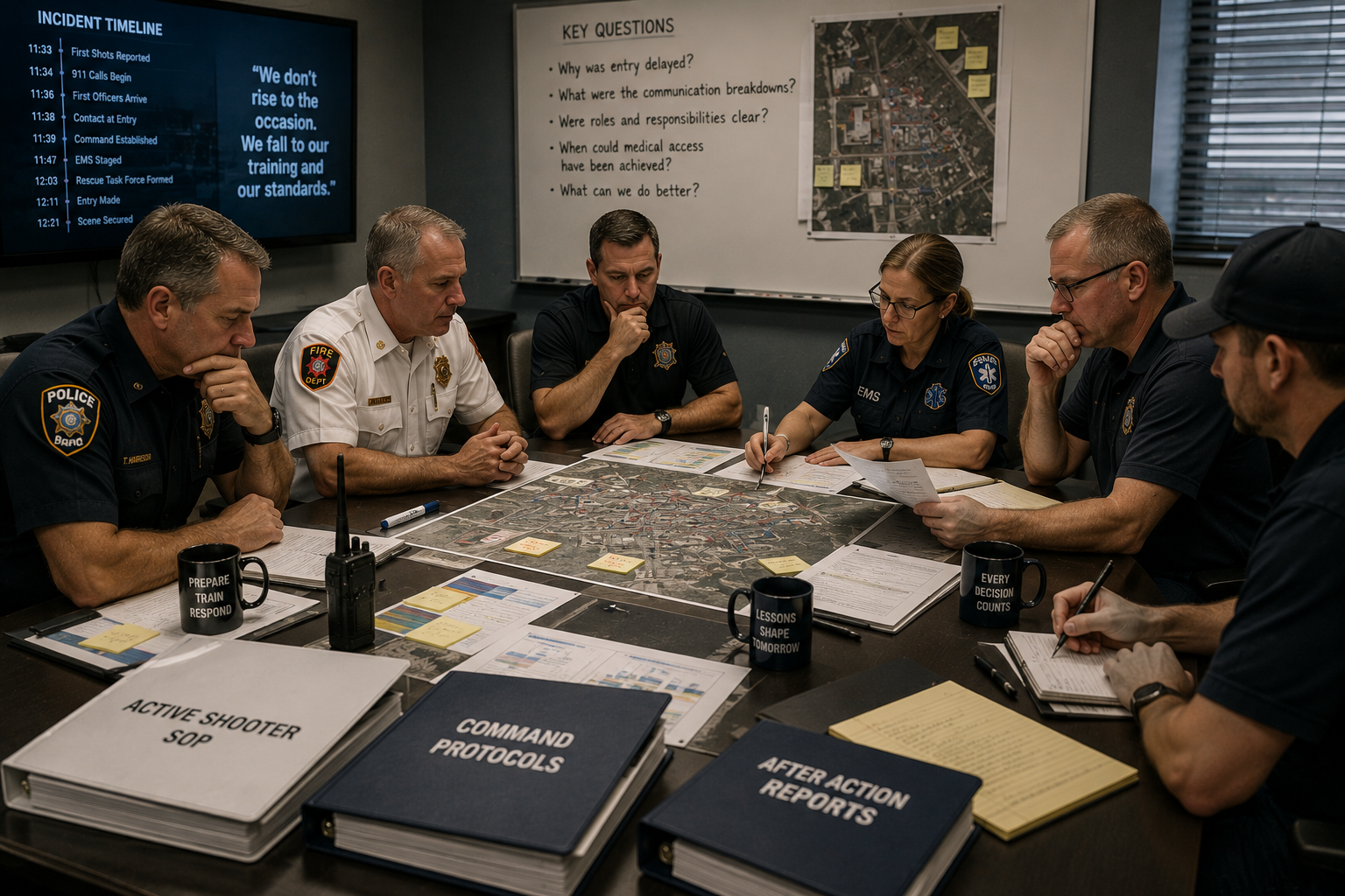 Public safety leaders reviewing timelines, SOPs, and incident maps during an after-action critique of active shooter response Public safety leaders reviewing timelines, SOPs, and incident maps during an after-action critique of active shooter response