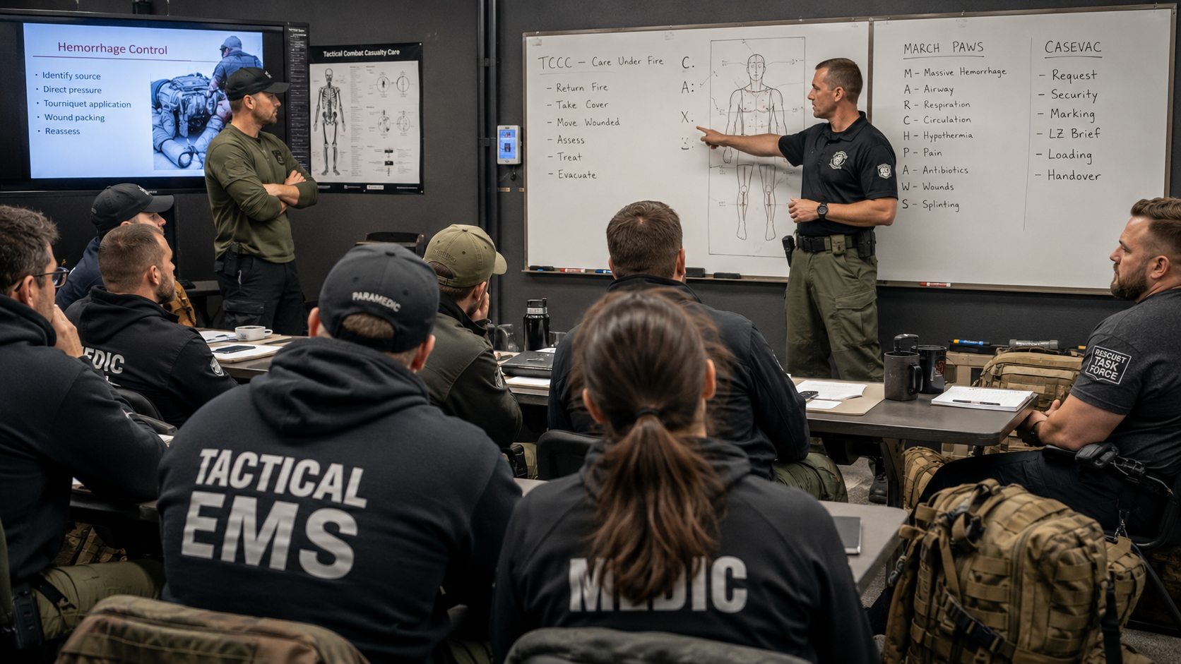 Tactical EMS personnel in a classroom training session focused on emergency medical doctrine and response theory