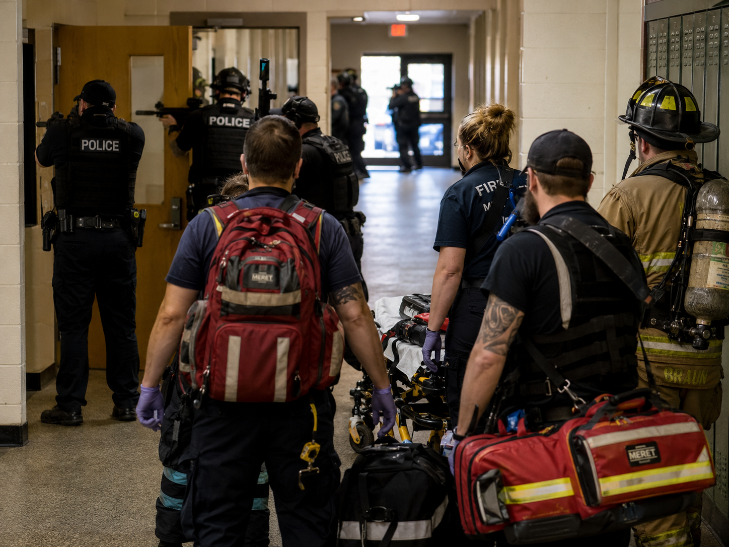 EMS and fire personnel paused at an interior entry point while law enforcement moves ahead during a high-threat incident