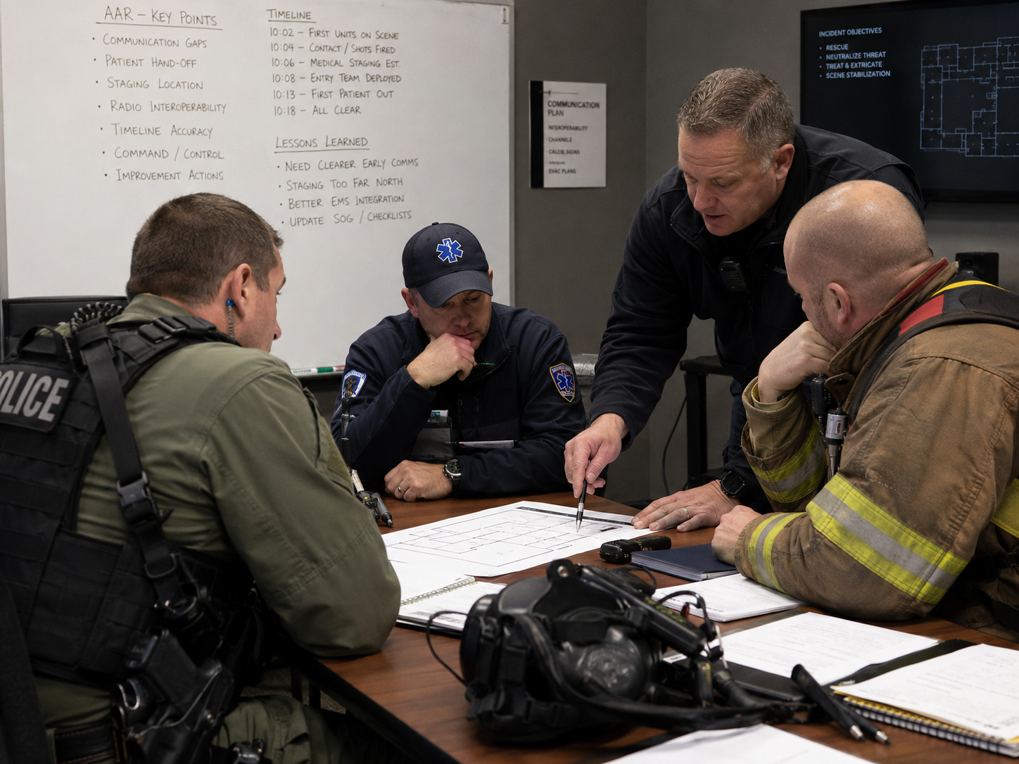Responders conducting a hands-on tactical medical drill focused on practical field care under high-threat conditions