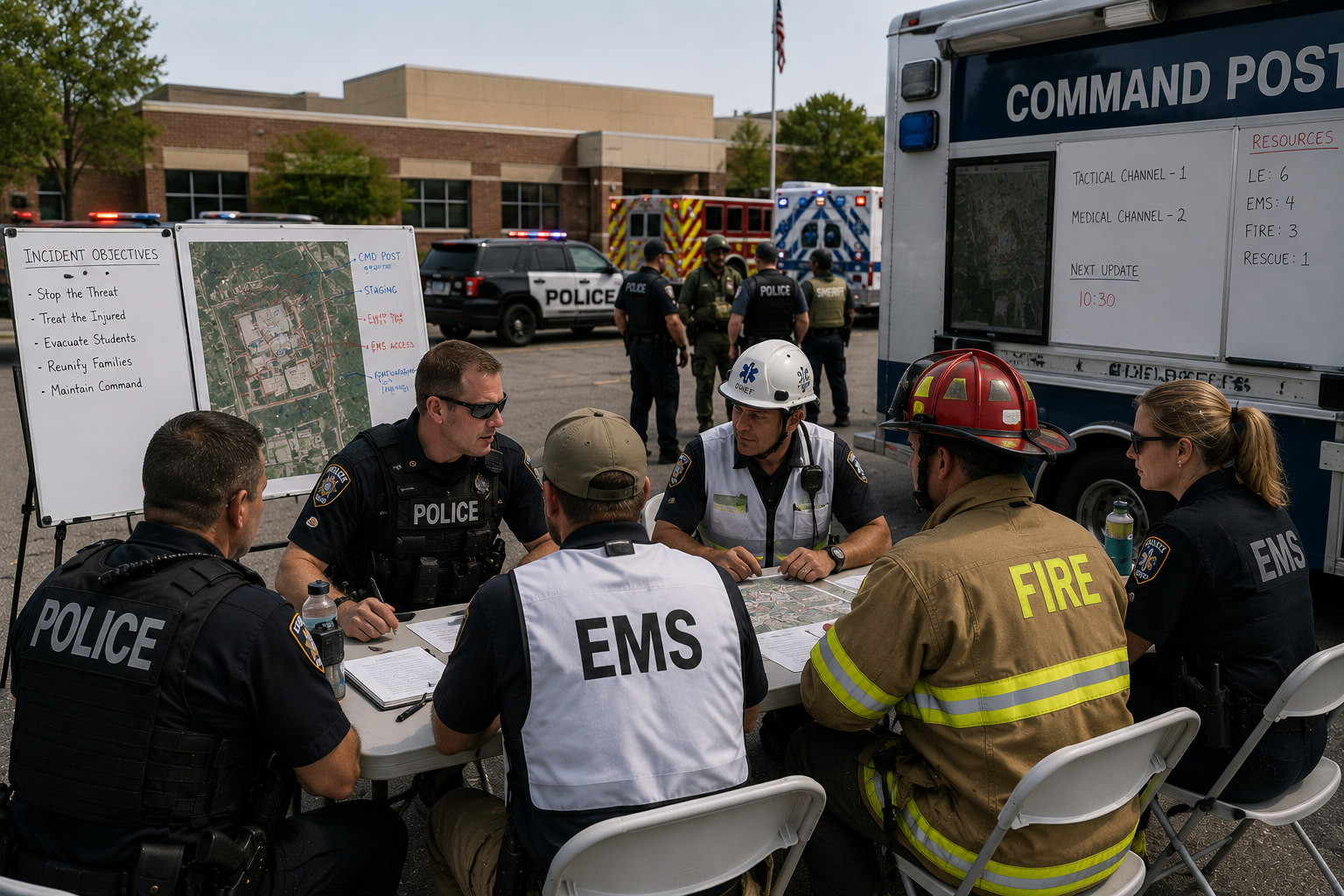 Multi-agency leaders coordinating at an exterior command post during a high-threat tactical-medical response Multi-agency leaders coordinating at an exterior command post during a high-threat tactical-medical response