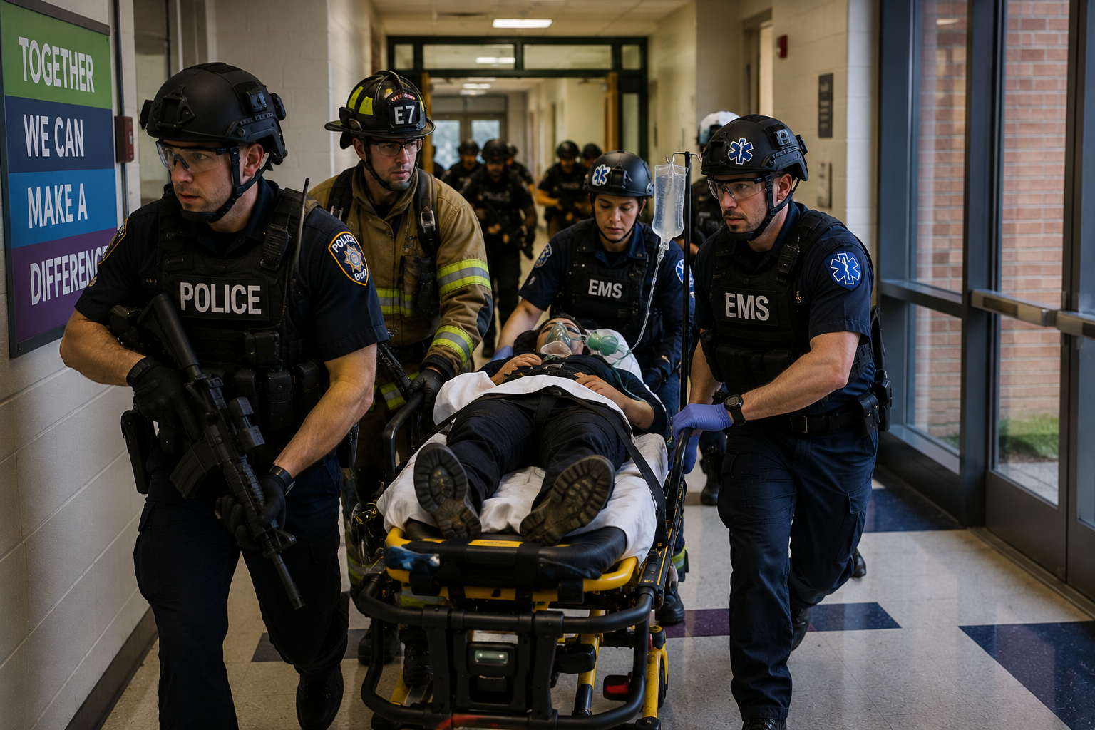 Police, EMS, and fire personnel moving a patient through a secured building during integrated tactical-medical operations Police, EMS, and fire personnel moving a patient through a secured building during integrated tactical-medical operations