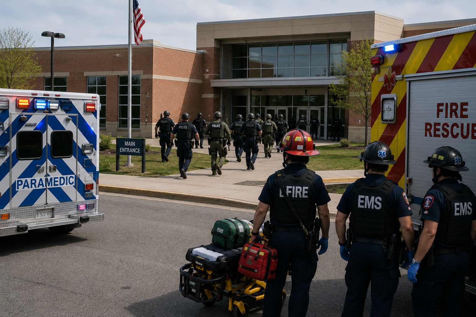 Law enforcement moving toward a school entrance while EMS and fire remain staged farther back during an active shooter response