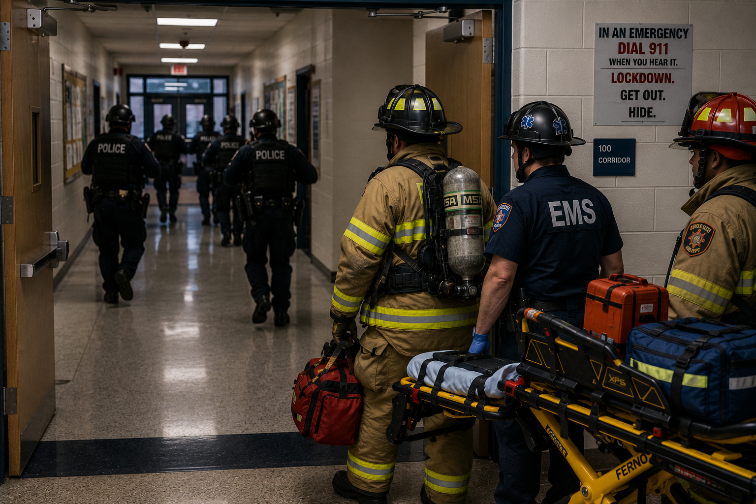 Police advancing inside a building while EMS and fire personnel remain paused at an interior entry point during a high-threat incident