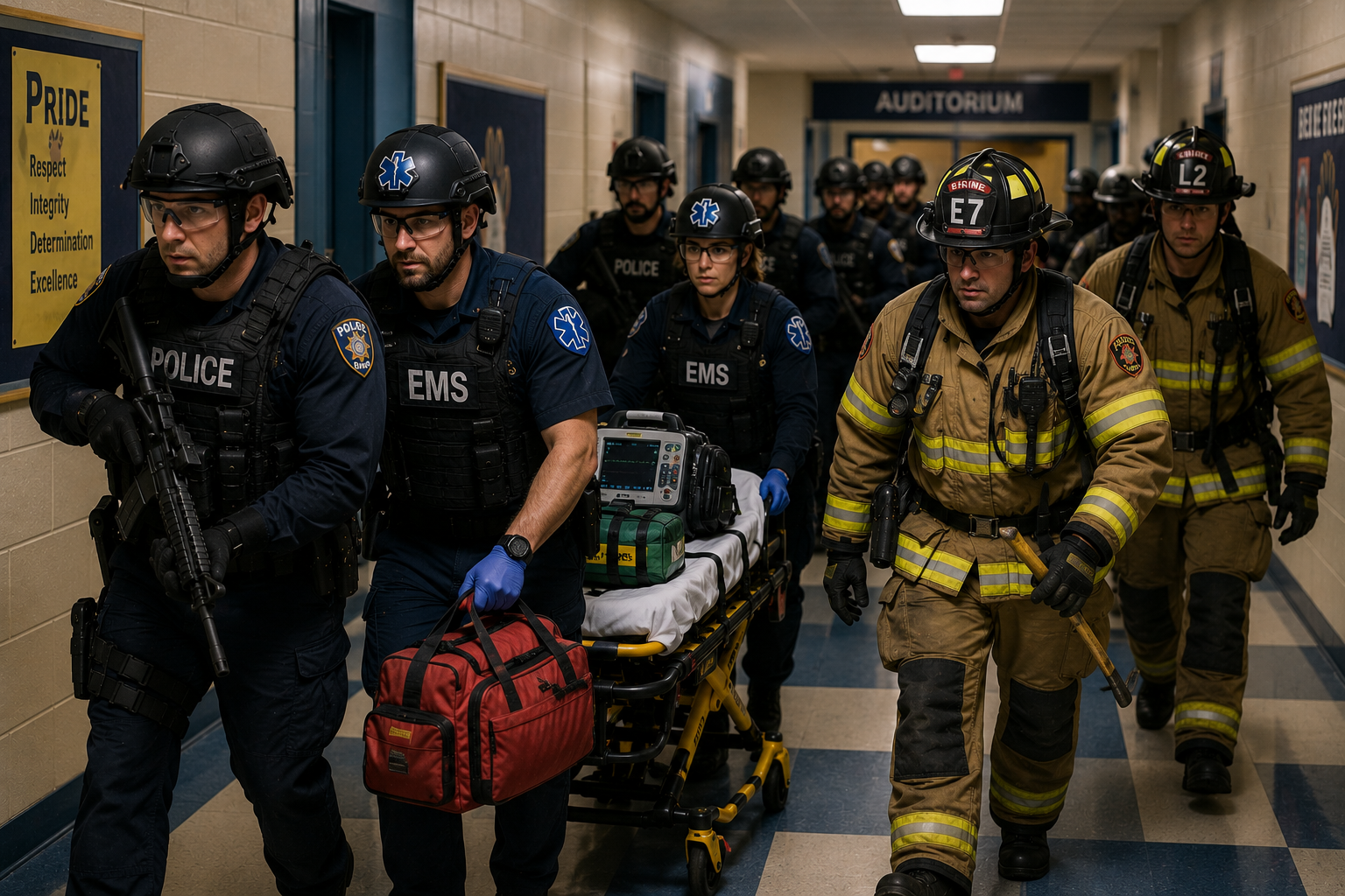 Police, EMS, and fire personnel moving together through a building in an integrated active shooter response formation
