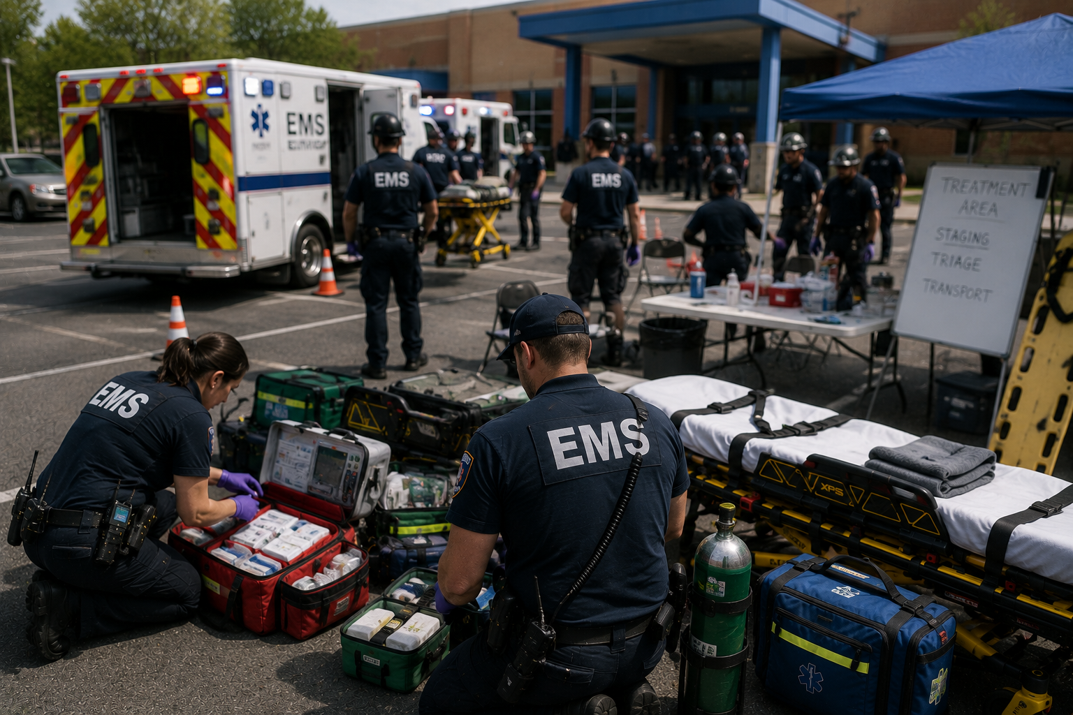 EMS personnel preparing a casualty treatment area during a high-threat incident while urgent medical needs continue inside