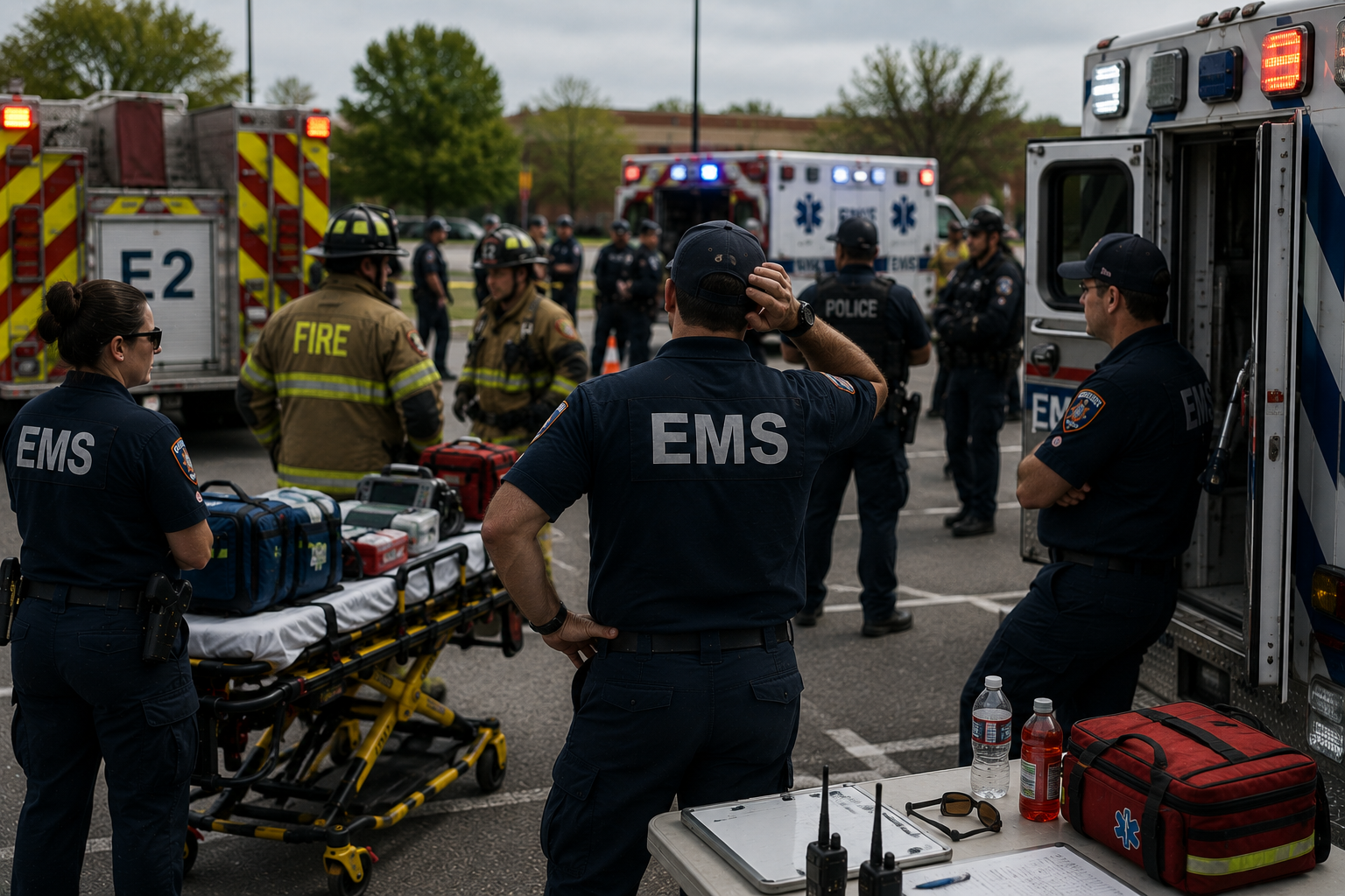 EMS and fire personnel waiting for clearance beside ambulances during a delayed medical response to a high-threat incident