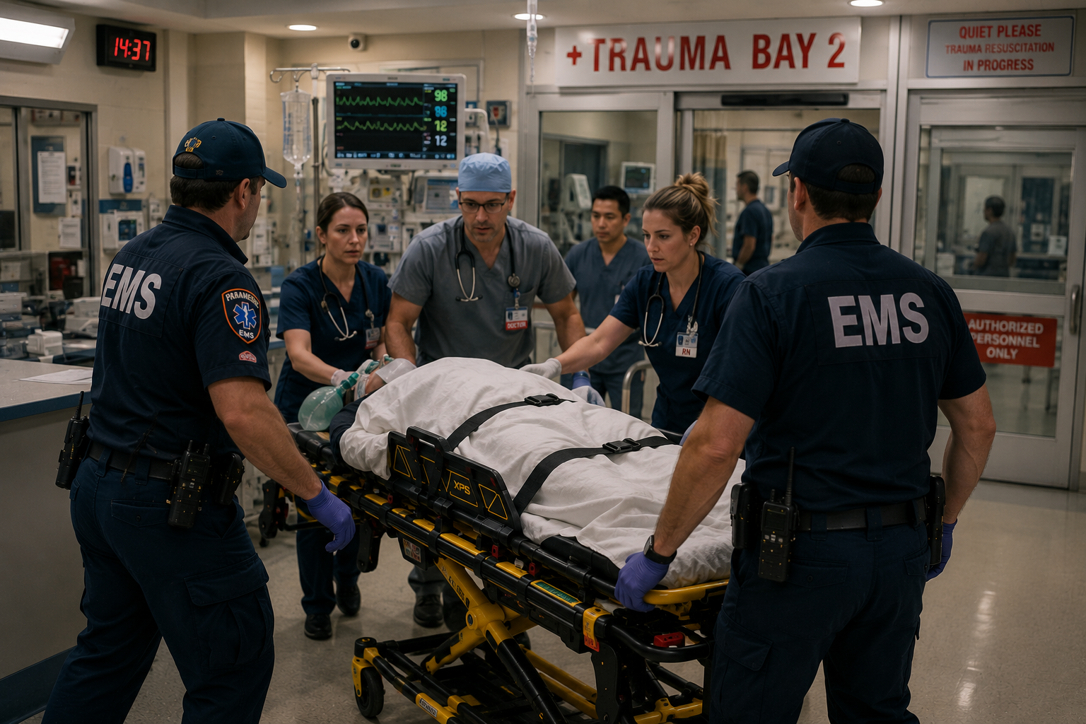 Hospital staff receiving a patient from EMS after delayed treatment during a high-threat incident