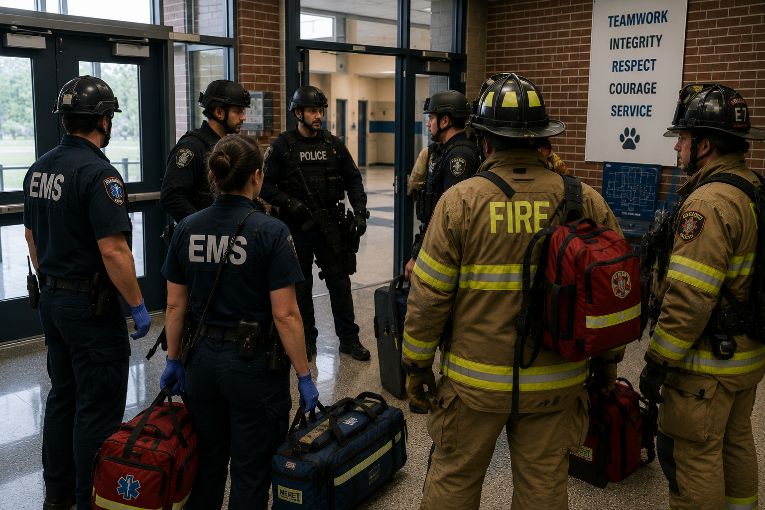 Police, EMS, and fire personnel preparing for coordinated entry inside a public building during a high-threat response