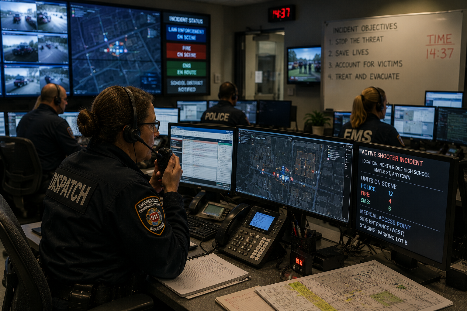 Emergency communications staff coordinating tactical response and medical access during an active shooter incident