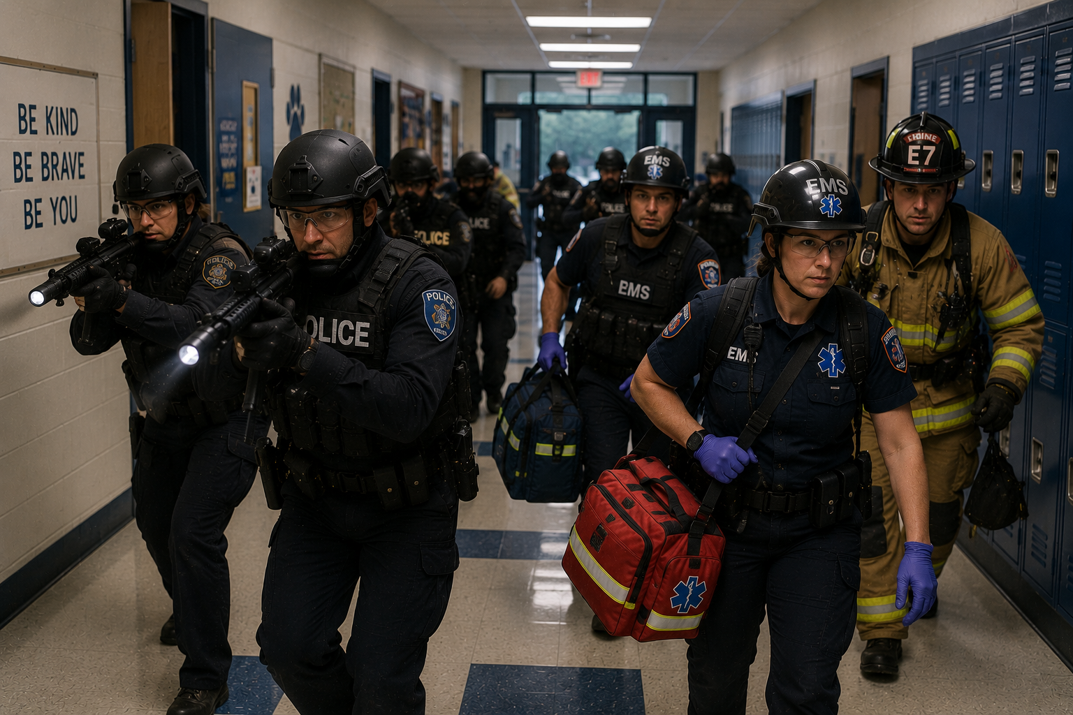 Law enforcement, EMS, and fire personnel moving together in an integrated rescue task force formation during a high-threat response