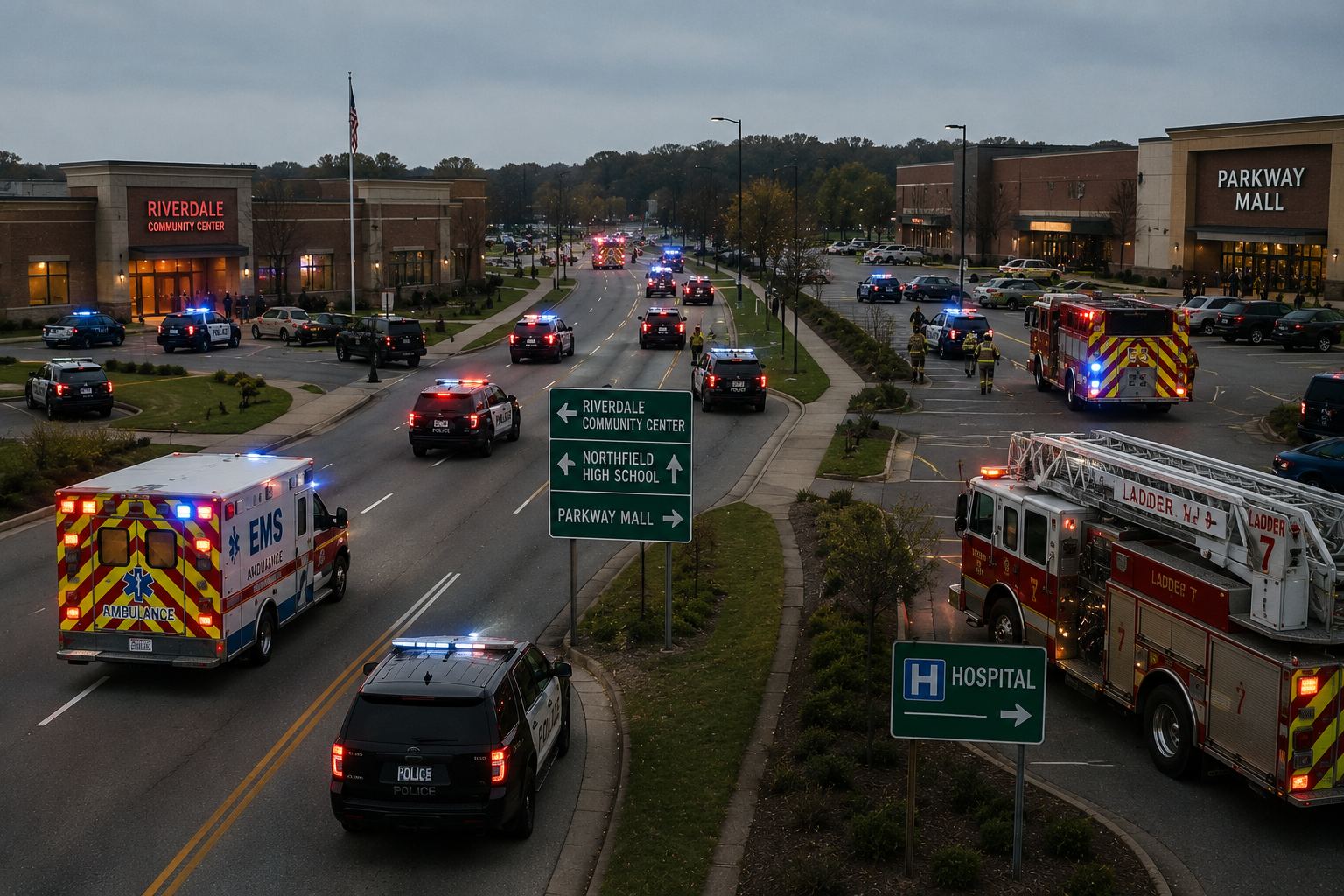 Emergency responders deploying to multiple locations during a coordinated high-threat incident