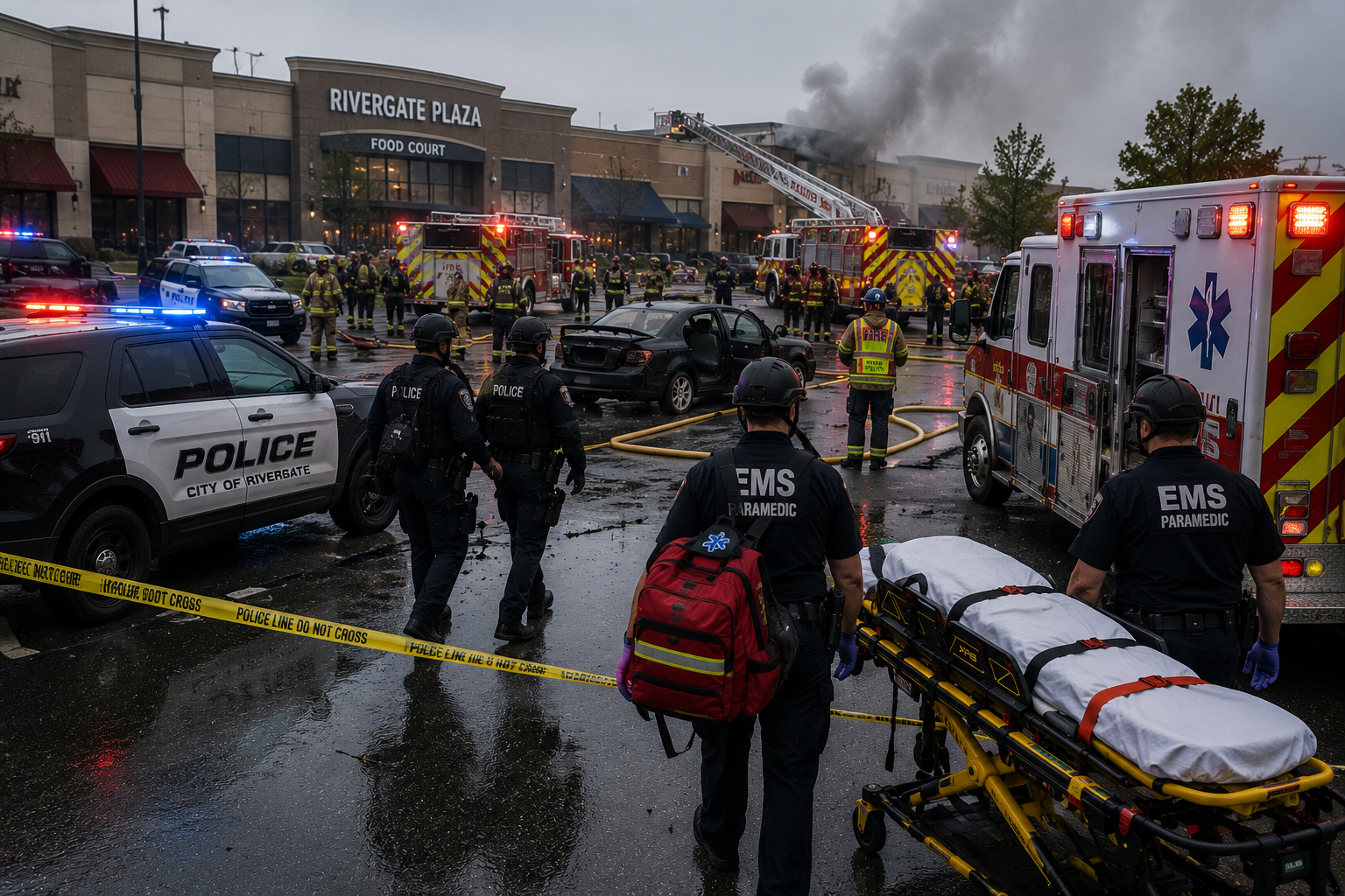 Police, fire, and EMS personnel managing overlapping hazards during a hybrid high-threat incident