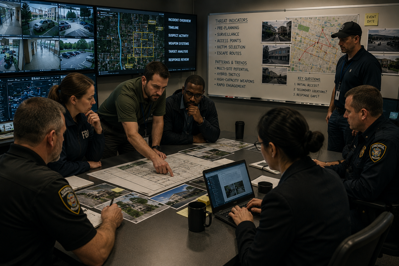 Public safety analysts reviewing facility vulnerabilities and evolving threat patterns in a threat-assessment center