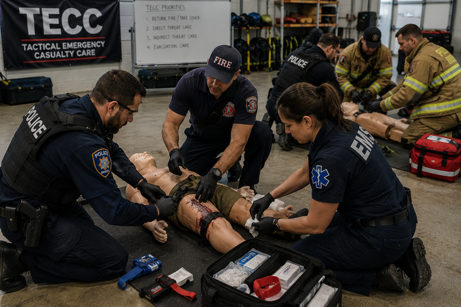 Police, fire, and EMS personnel practicing hemorrhage control during a joint TECC training session