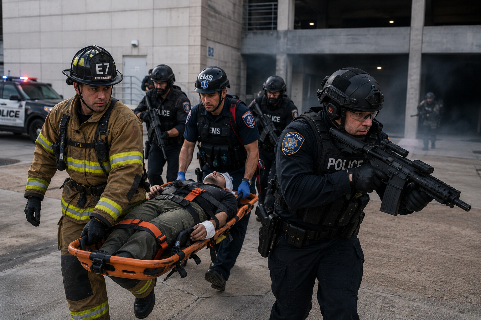 Law enforcement, fire, and EMS responders conducting a protected casualty extraction during TECC training