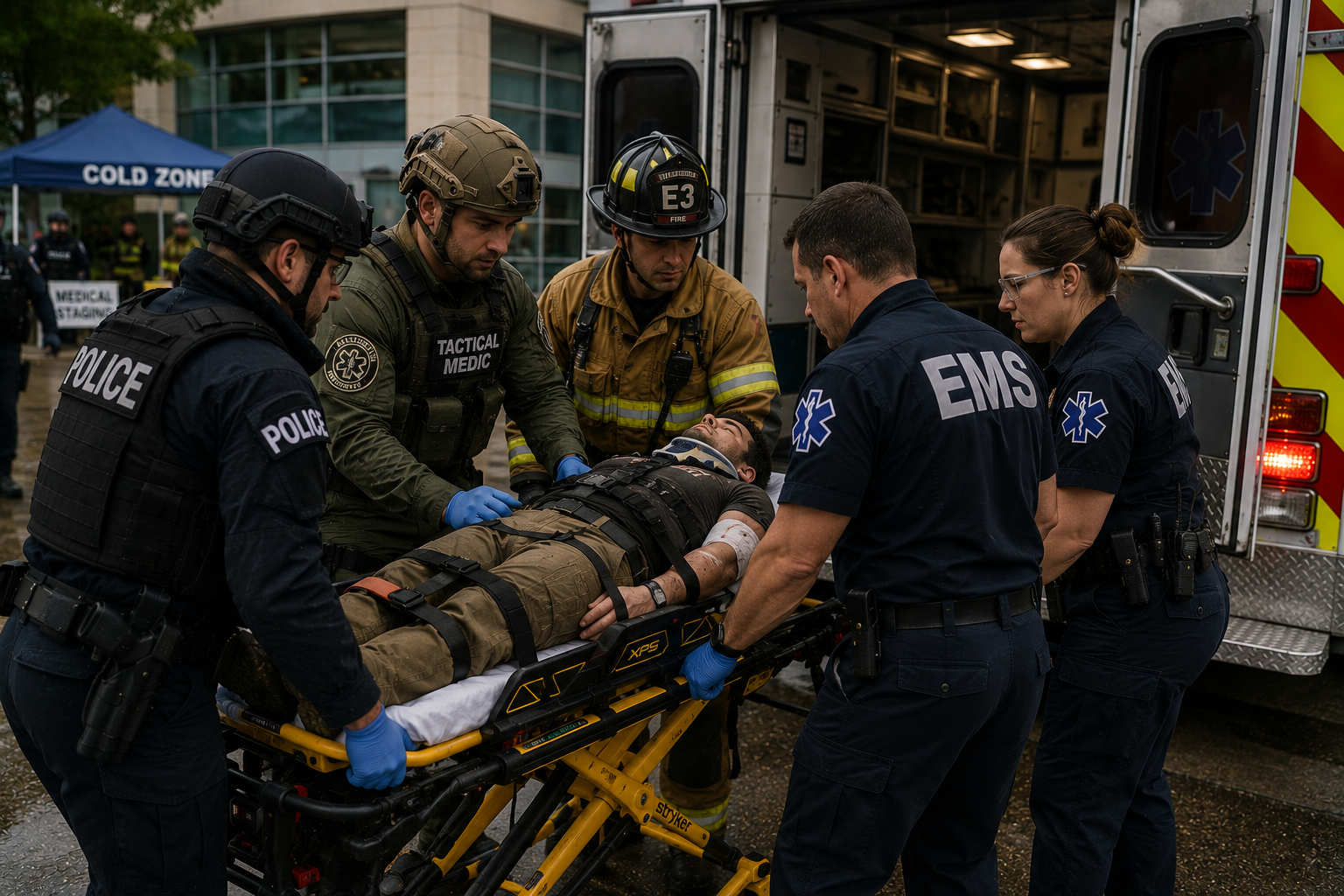 Tactical medical responders transferring a casualty to EMS during the evacuation phase of TECC operations