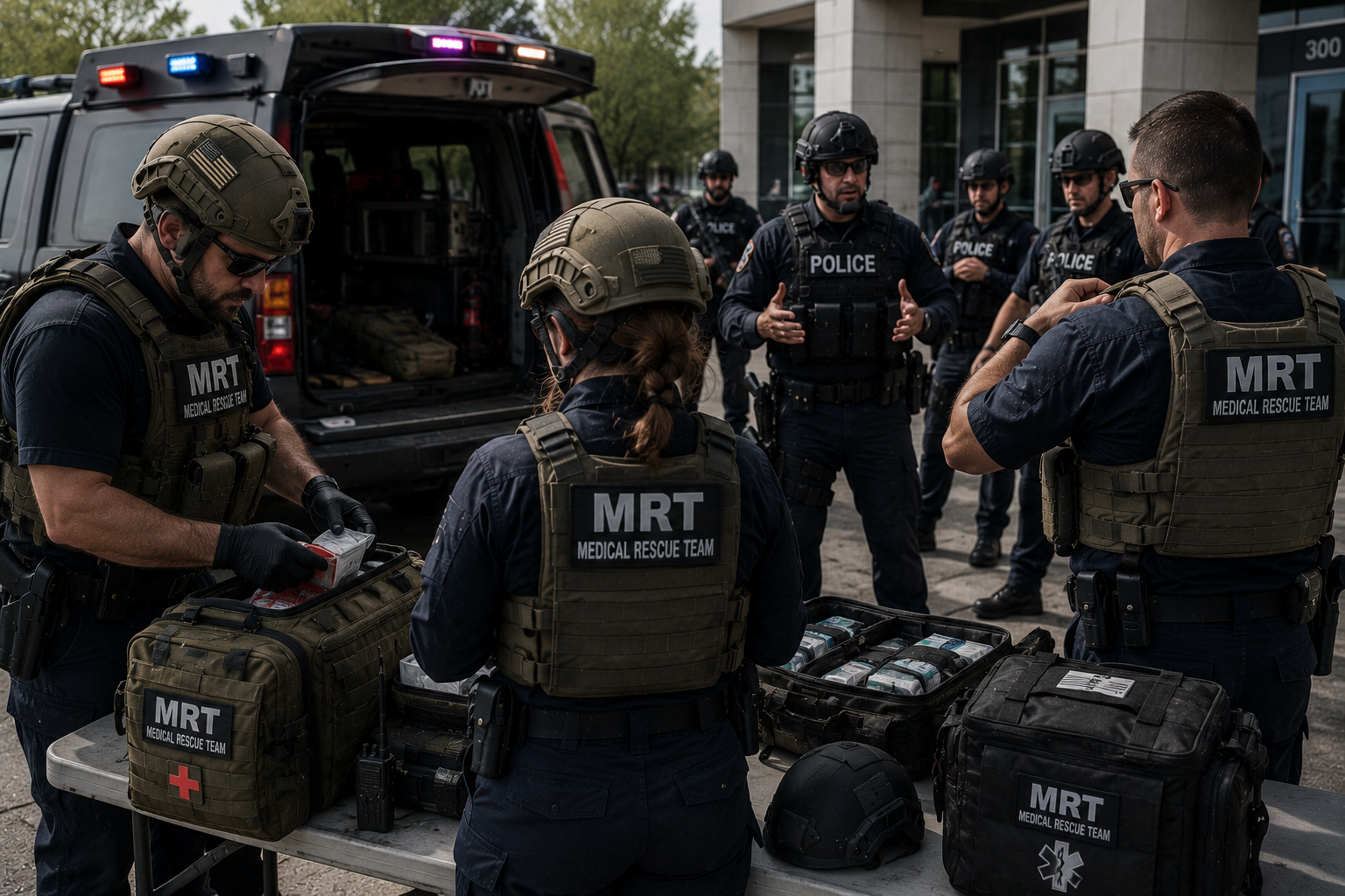 Medical Rescue Team personnel preparing protective equipment and medical gear before a high-threat deployment