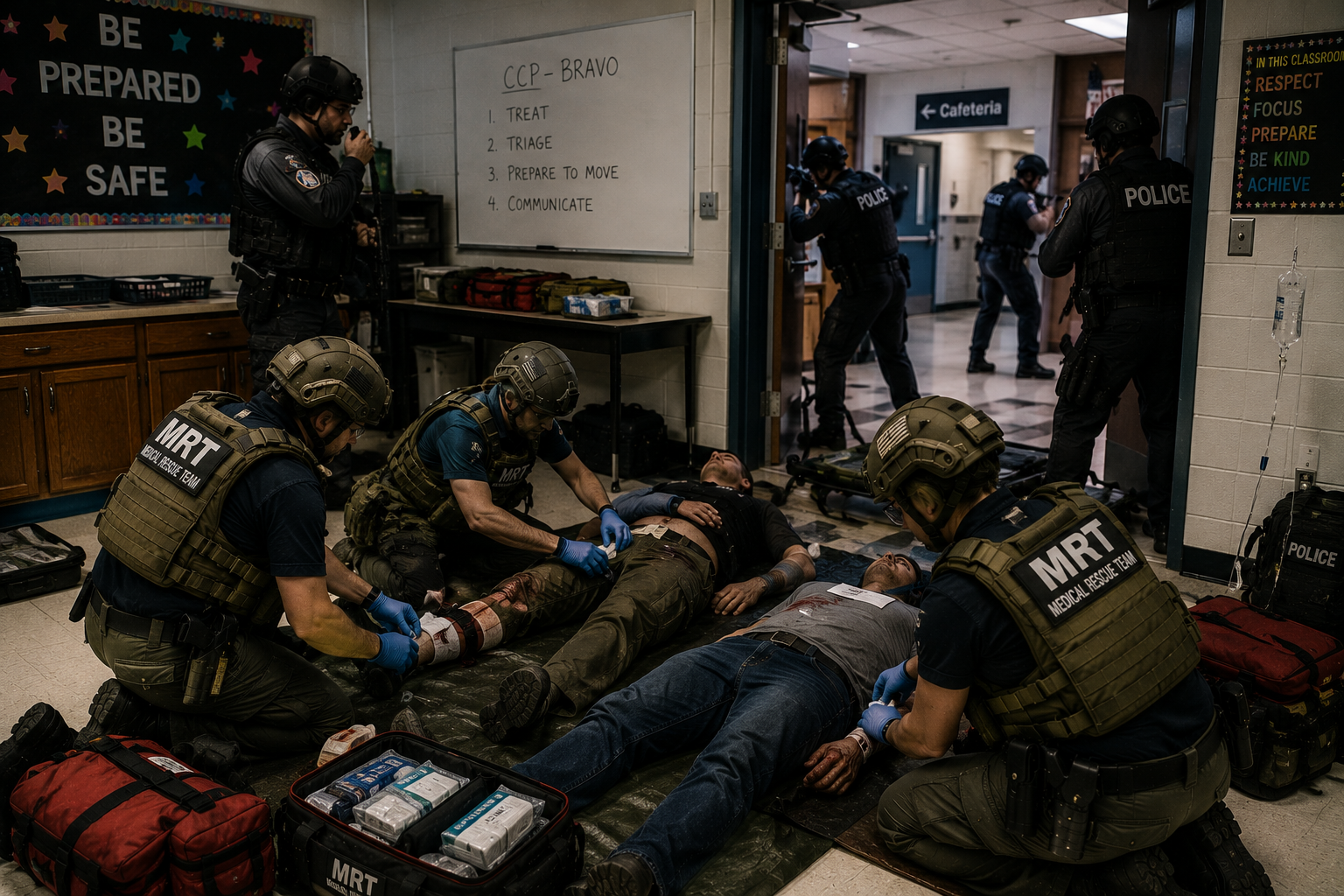 Medical Rescue Team operating a hasty casualty collection point inside a semi-secured building