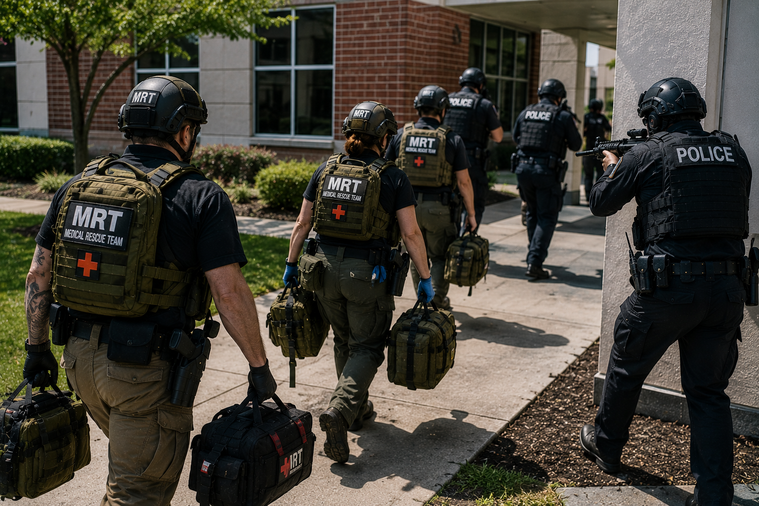 A mobile Medical Rescue Team advancing under law enforcement protection during a high-threat operation