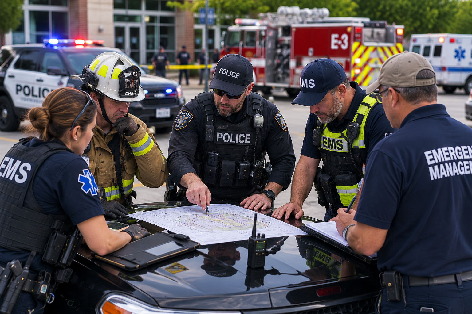 Police, fire, EMS, and emergency management leaders establishing early Unified Command beside response vehicles