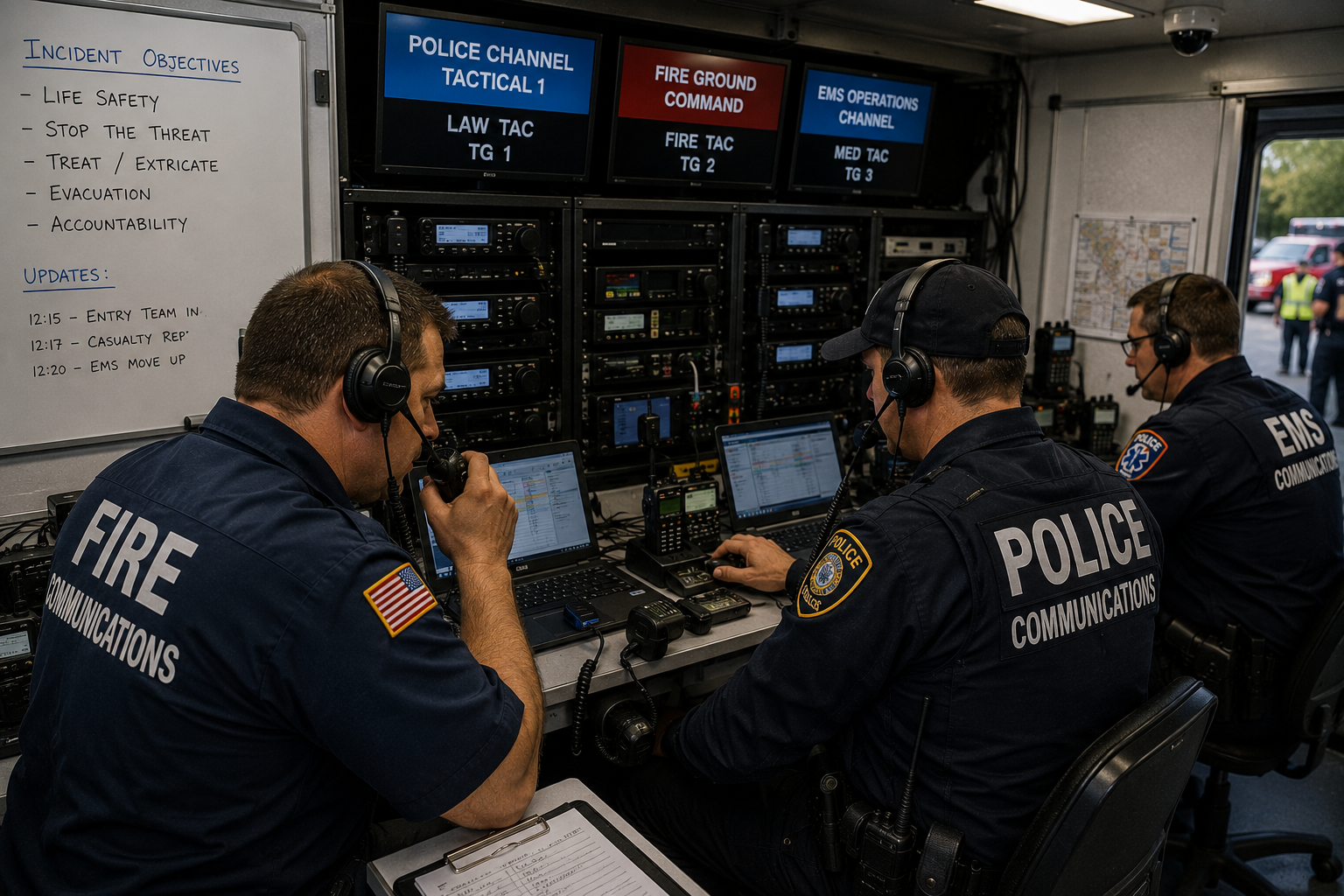 Emergency communications personnel linking police, fire, and EMS radio channels during a high-threat incident