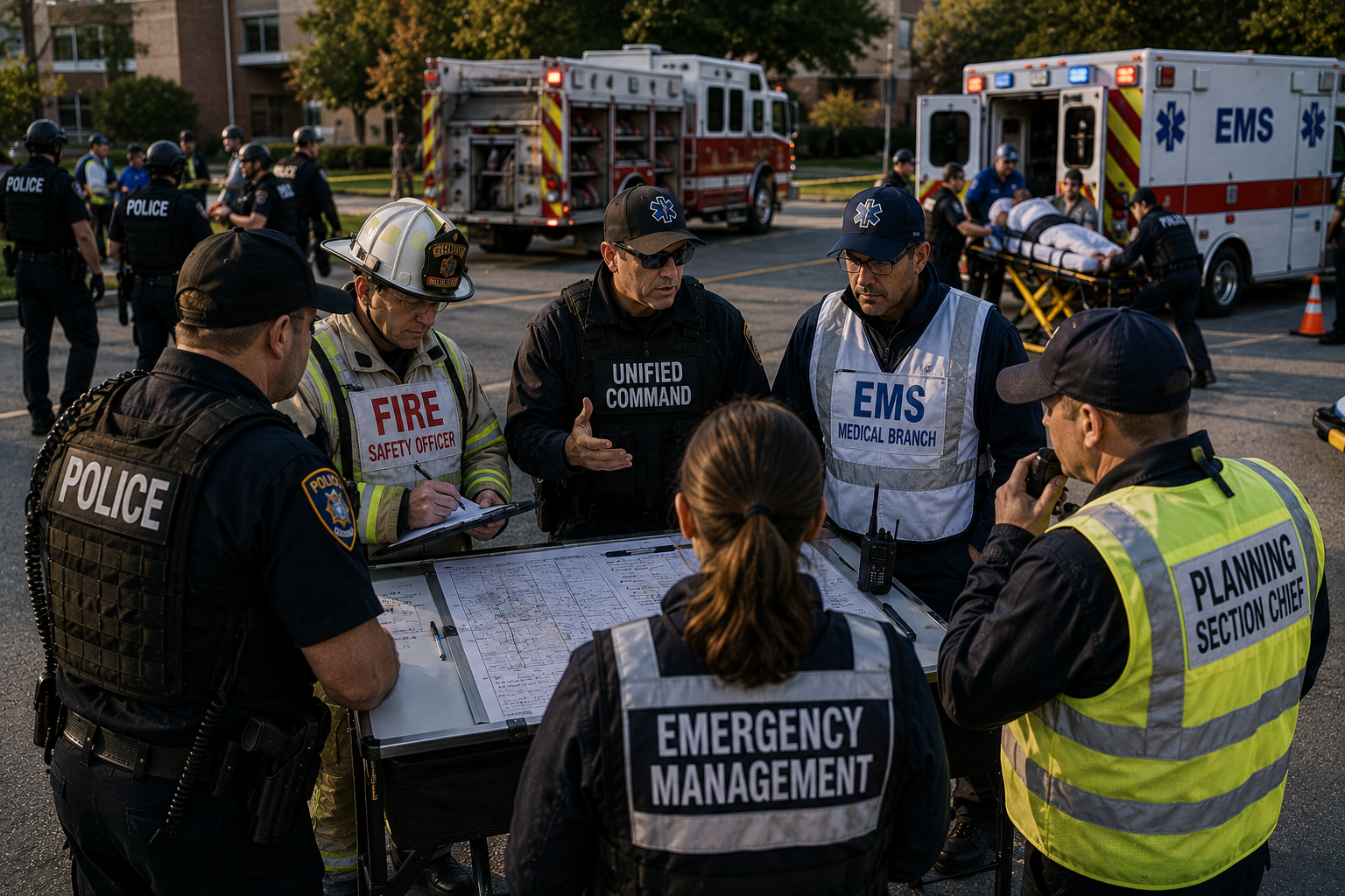 Unified Command leaders coordinating tactical, medical, and evacuation teams during a rapidly evolving incident