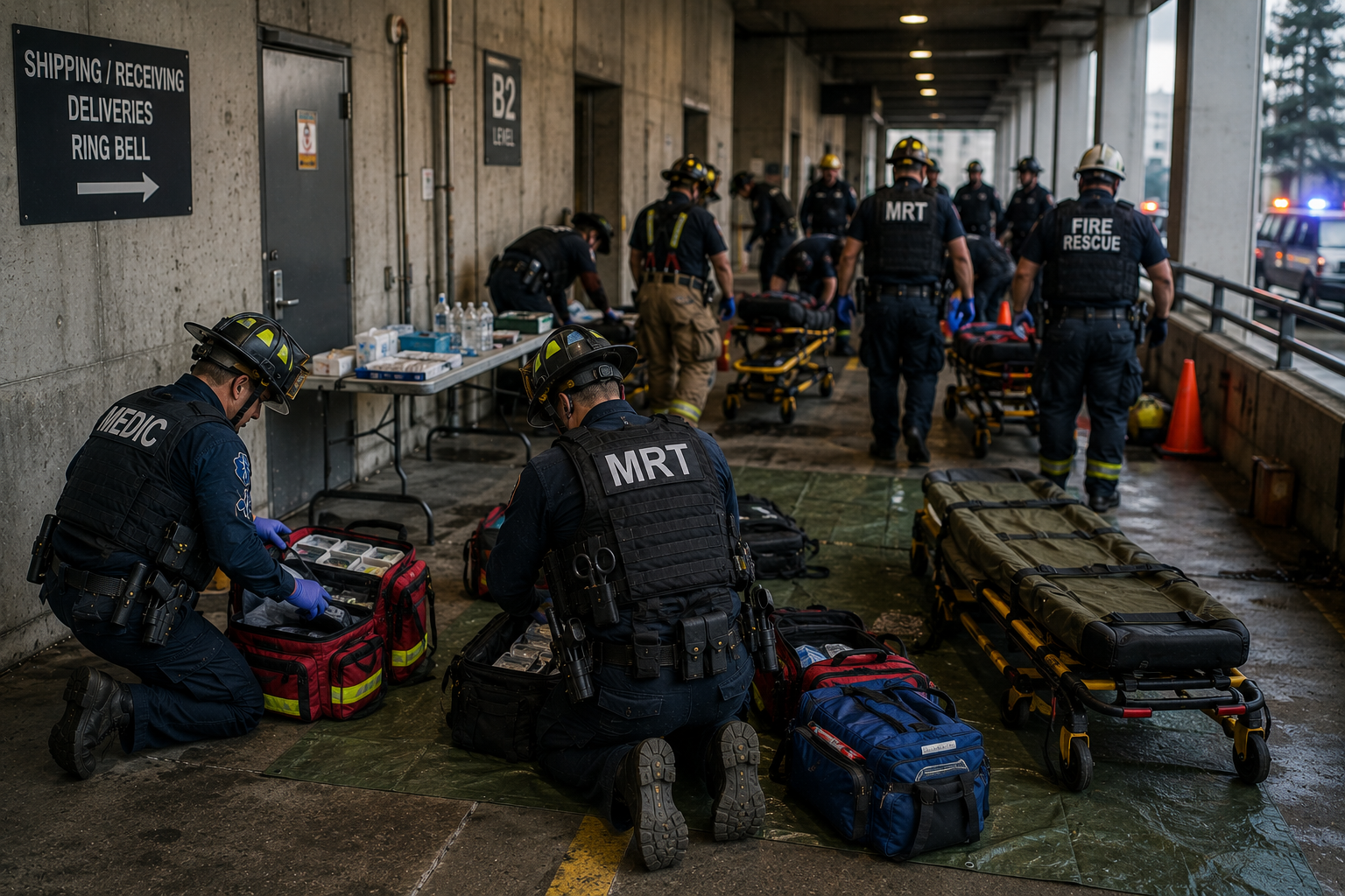 Medical responders rapidly establishing a hasty casualty collection point near a high-threat incident Medical responders rapidly establishing a hasty casualty collection point near a high-threat incident