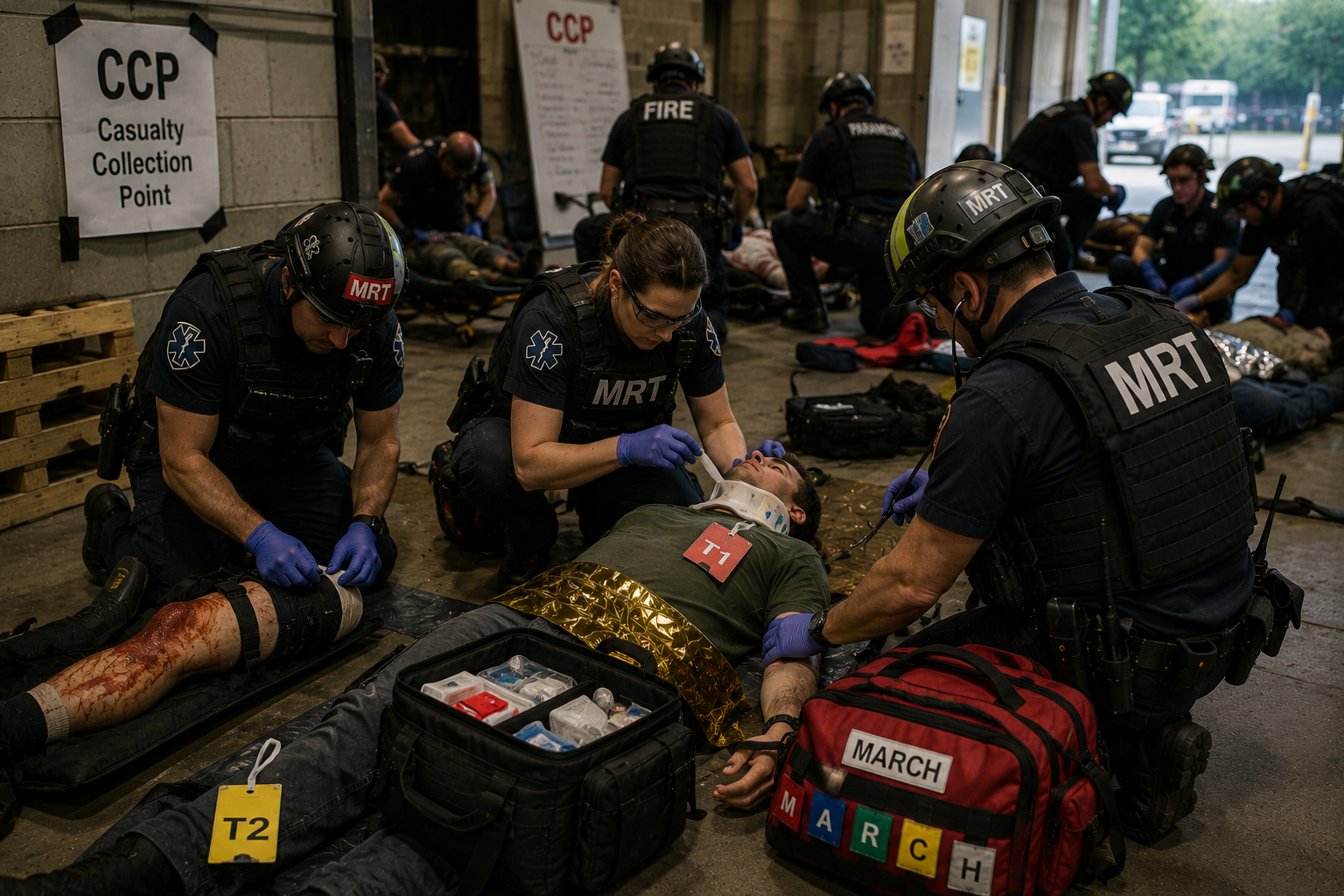 Medical responders performing rapid MARCH interventions at a hasty casualty collection point Medical responders performing rapid MARCH interventions at a hasty casualty collection point