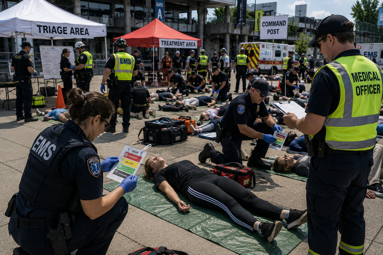 EMS personnel using traditional civilian triage methods during a mass-casualty training exercise EMS personnel using traditional civilian triage methods during a mass-casualty training exercise