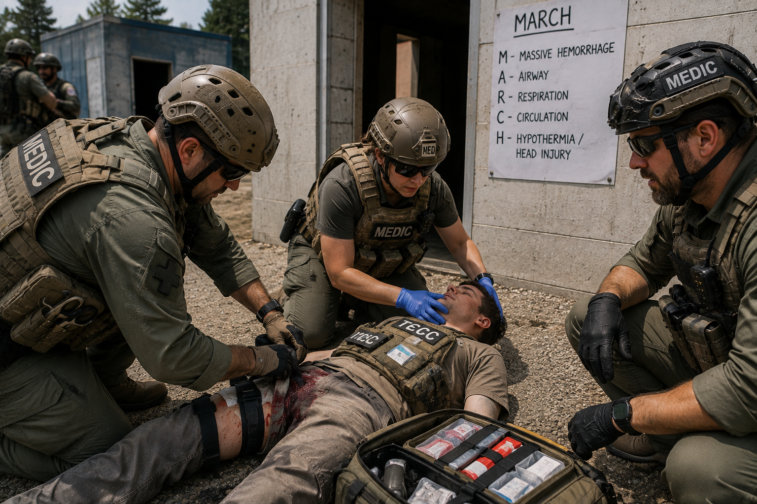 Tactical medical responders using MARCH priorities to rapidly assess a simulated casualty Tactical medical responders using MARCH priorities to rapidly assess a simulated casualty