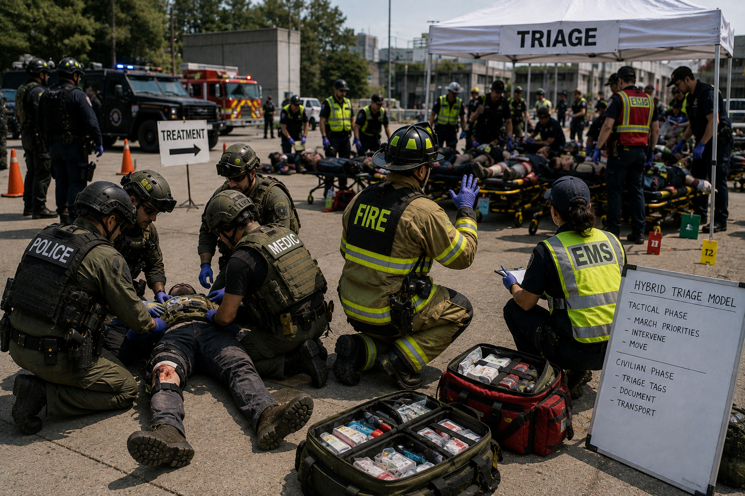 Police, fire, and EMS personnel practicing a hybrid tactical and civilian triage model during joint training Police, fire, and EMS personnel practicing a hybrid tactical and civilian triage model during joint training