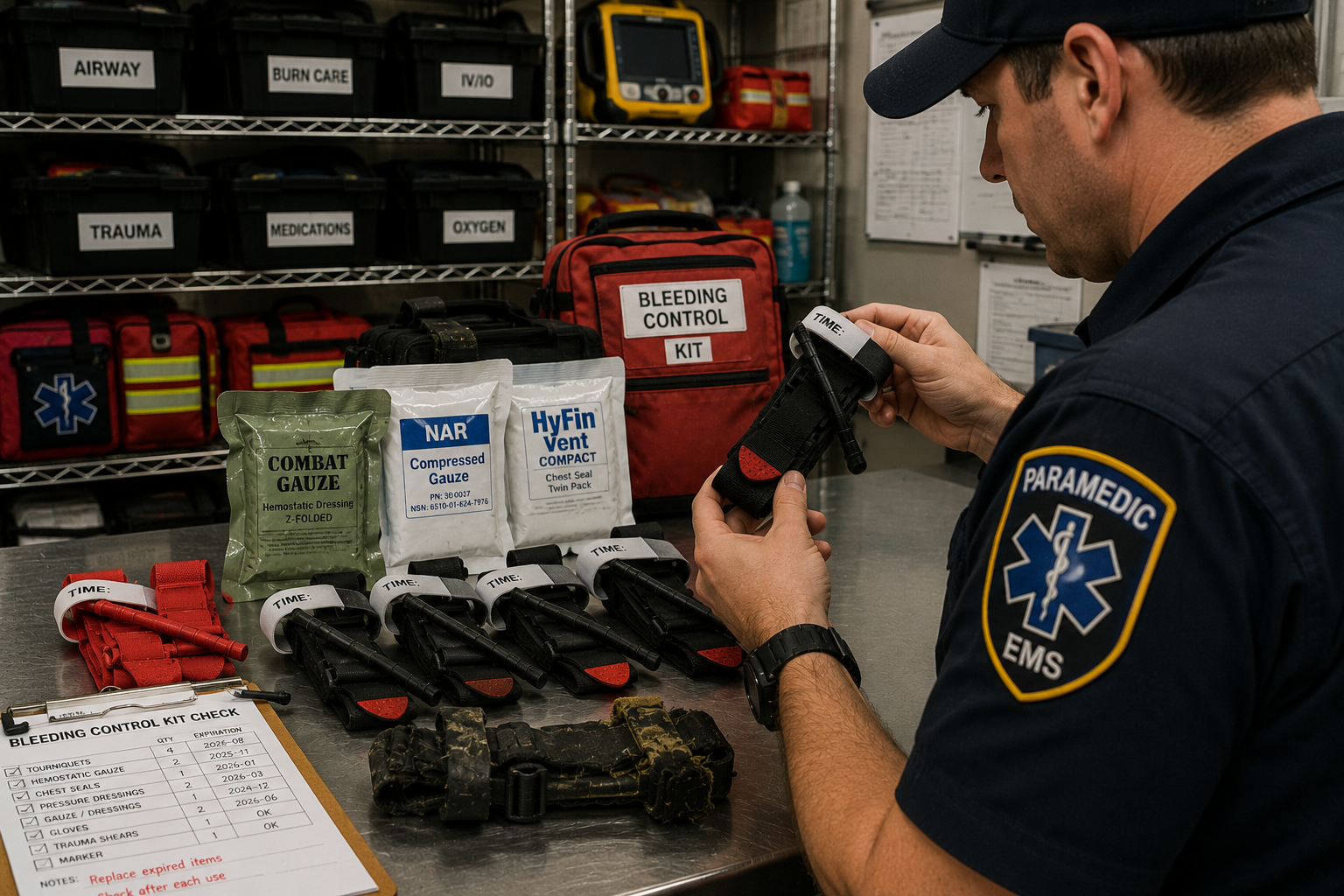 EMS responder inspecting tourniquets and hemorrhage-control equipment for quality and readiness EMS responder inspecting tourniquets and hemorrhage-control equipment for quality and readiness