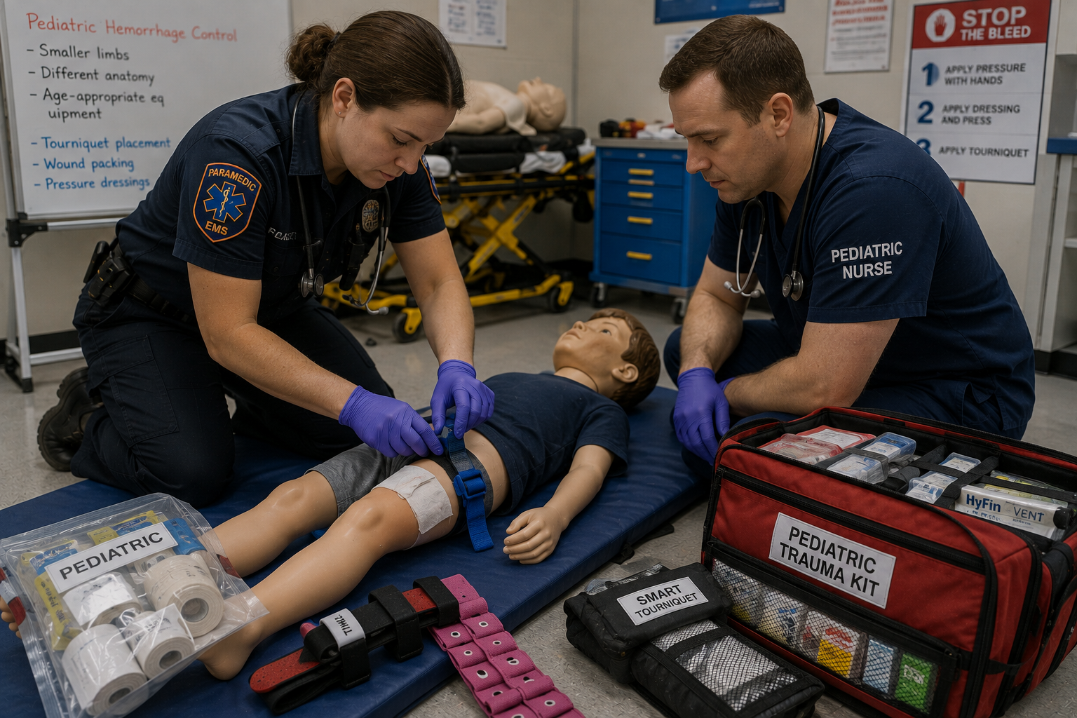Medical responders practicing pediatric hemorrhage control using a child-sized training mannequin Medical responders practicing pediatric hemorrhage control using a child-sized training mannequin